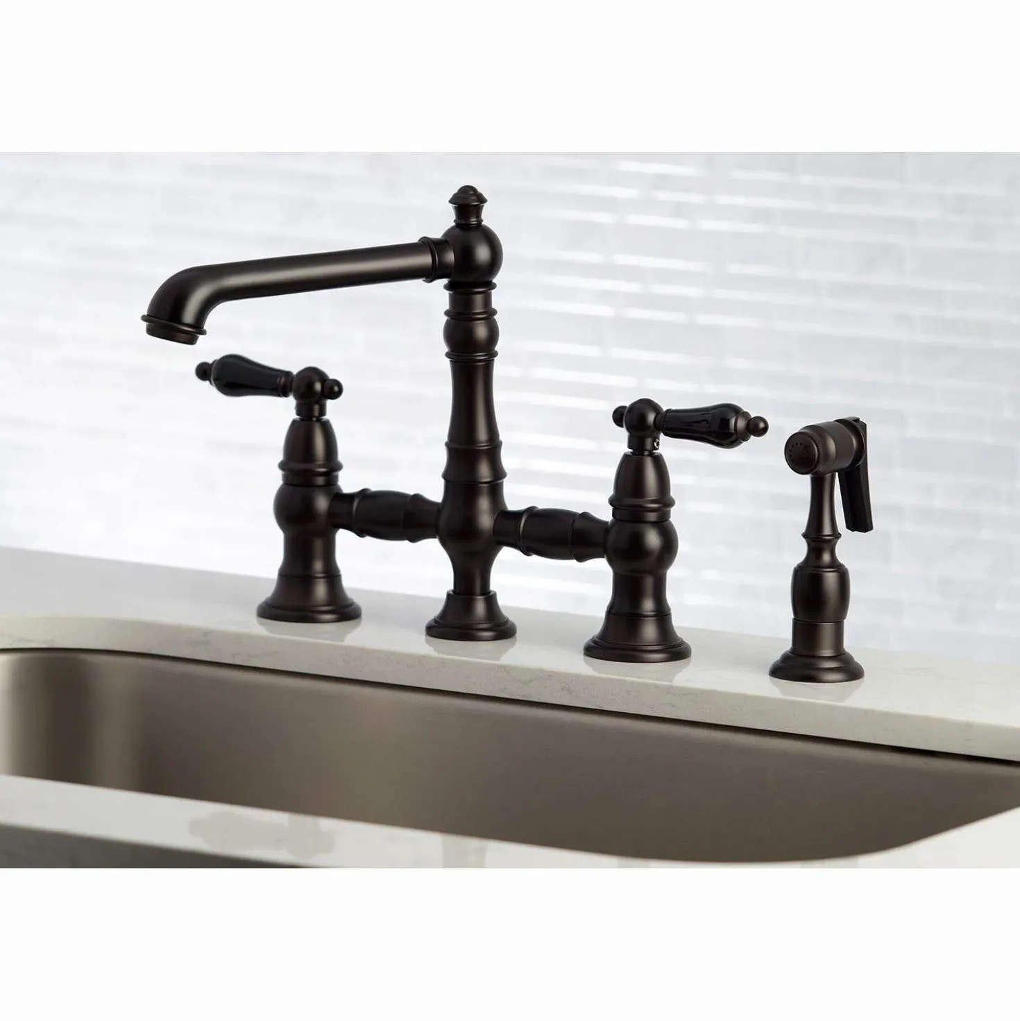 Kingston Brass KS727XPKLBS-P Duchess Bridge Kitchen Faucet with Brass Sprayer