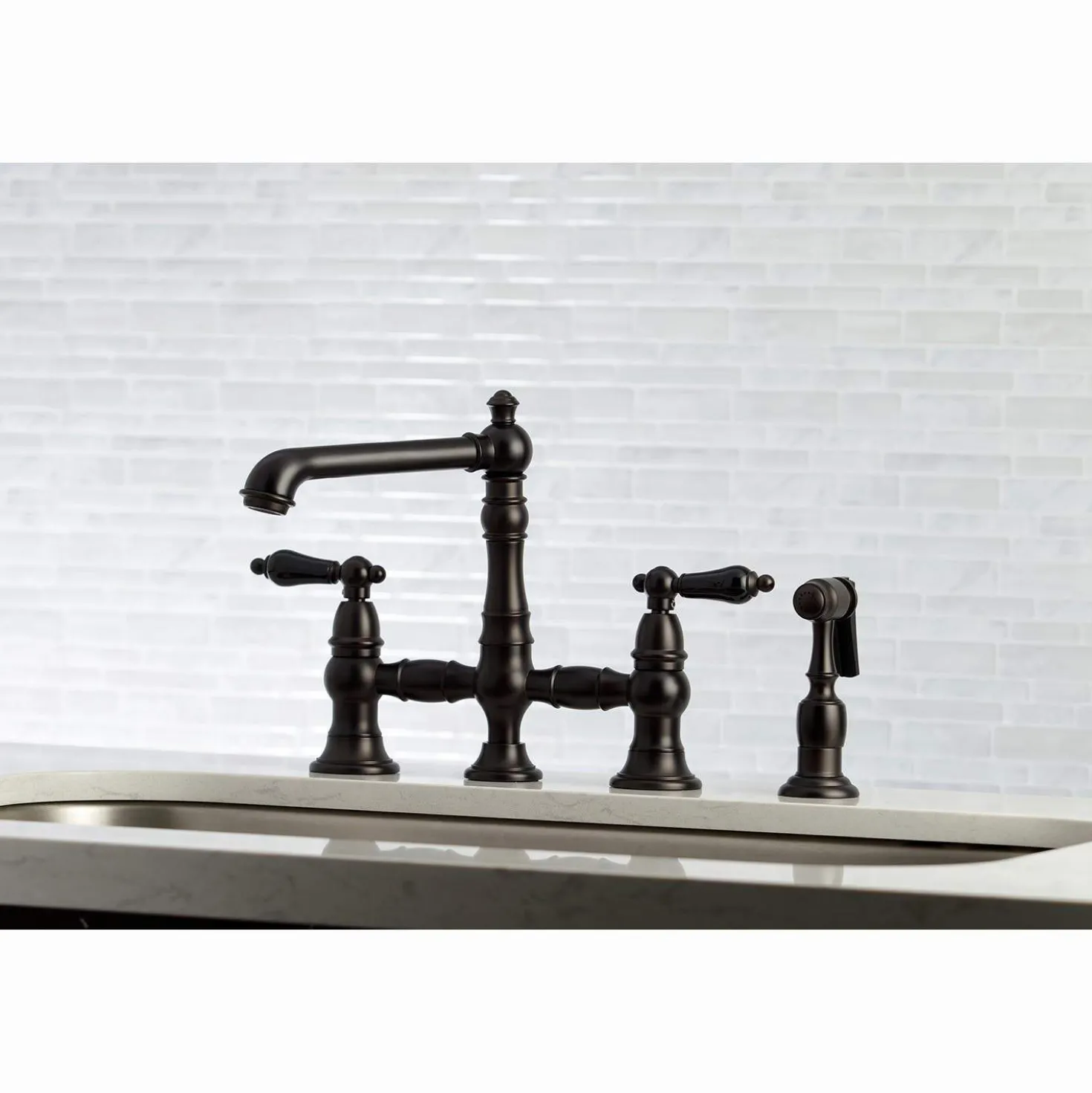 Kingston Brass KS727XPKLBS-P Duchess Bridge Kitchen Faucet with Brass Sprayer