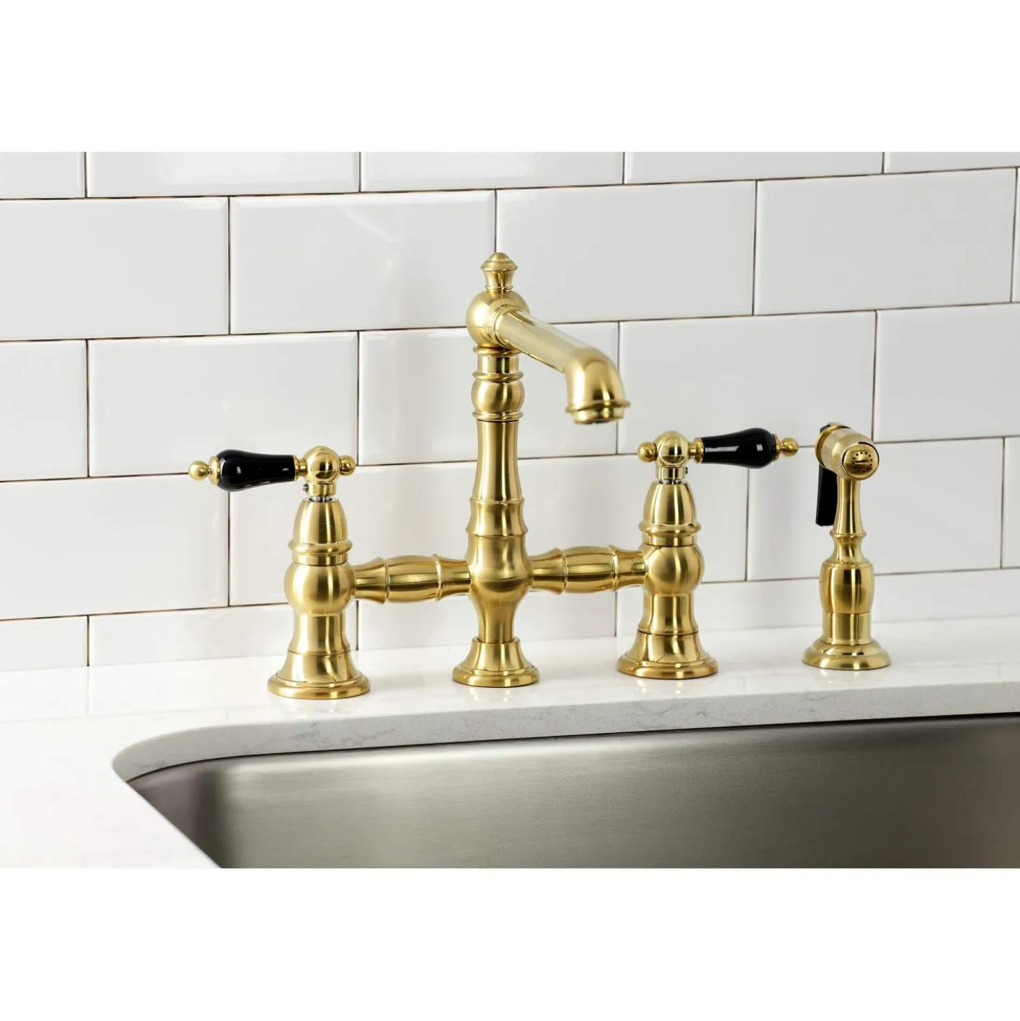 Kingston Brass KS727XPKLBS-P Duchess Bridge Kitchen Faucet with Brass Sprayer