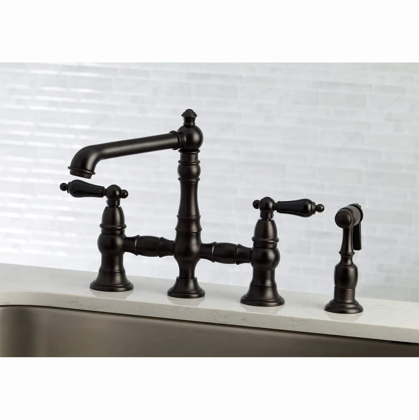 Kingston Brass KS727XPKLBS-P Duchess Bridge Kitchen Faucet with Brass Sprayer
