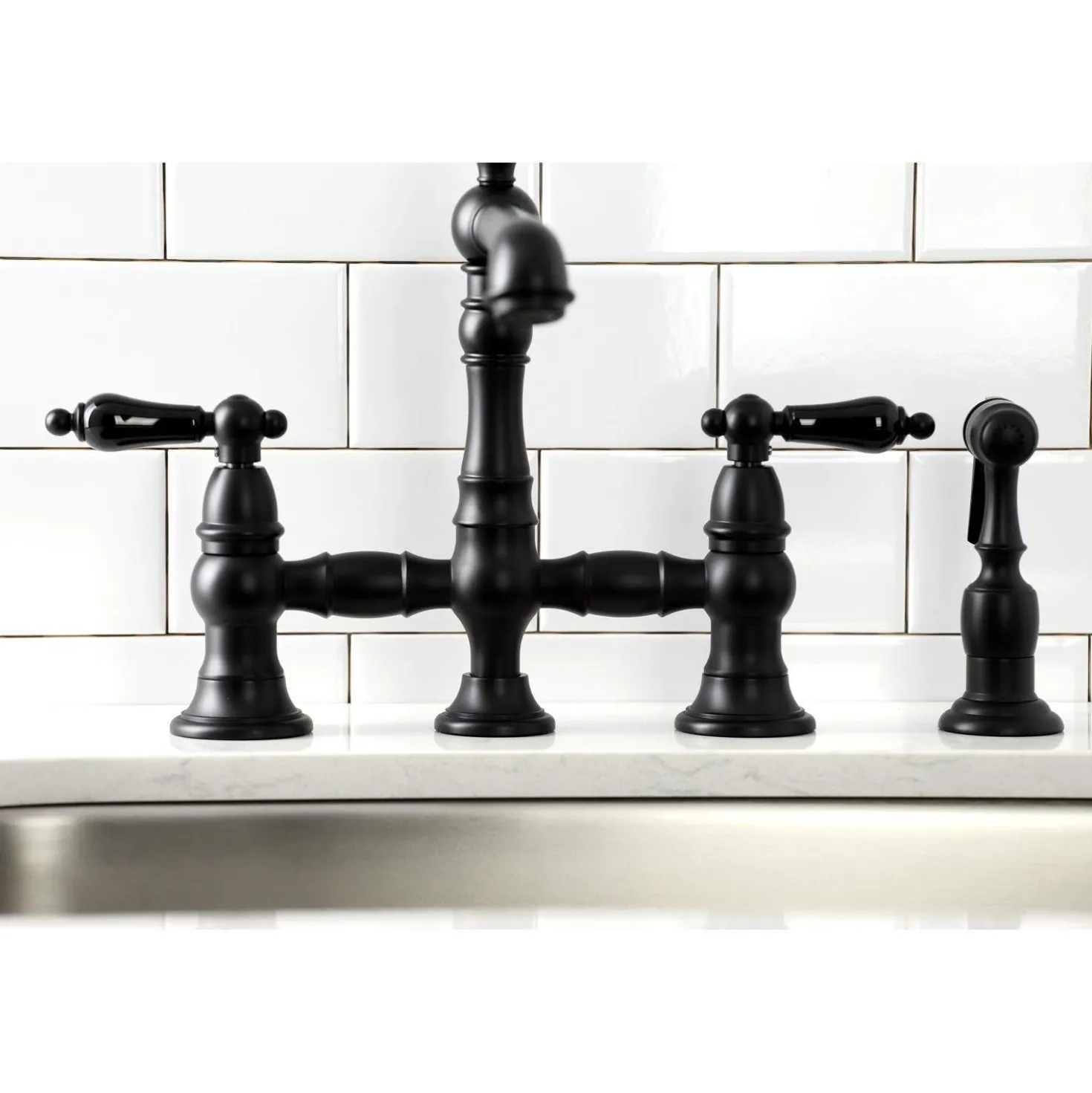 Kingston Brass KS727XPKLBS-P Duchess Bridge Kitchen Faucet with Brass Sprayer