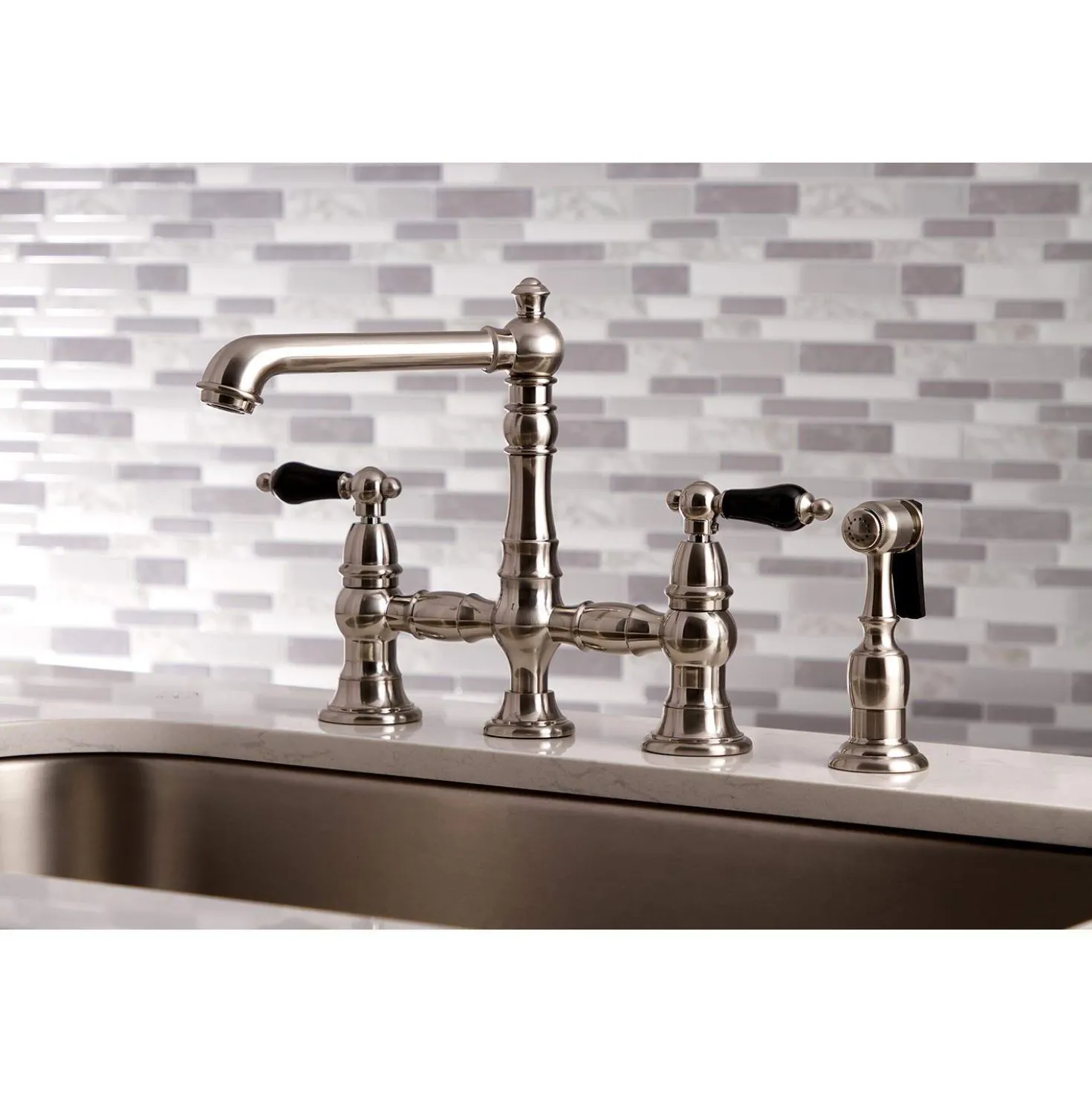 Kingston Brass KS727XPKLBS-P Duchess Bridge Kitchen Faucet with Brass Sprayer