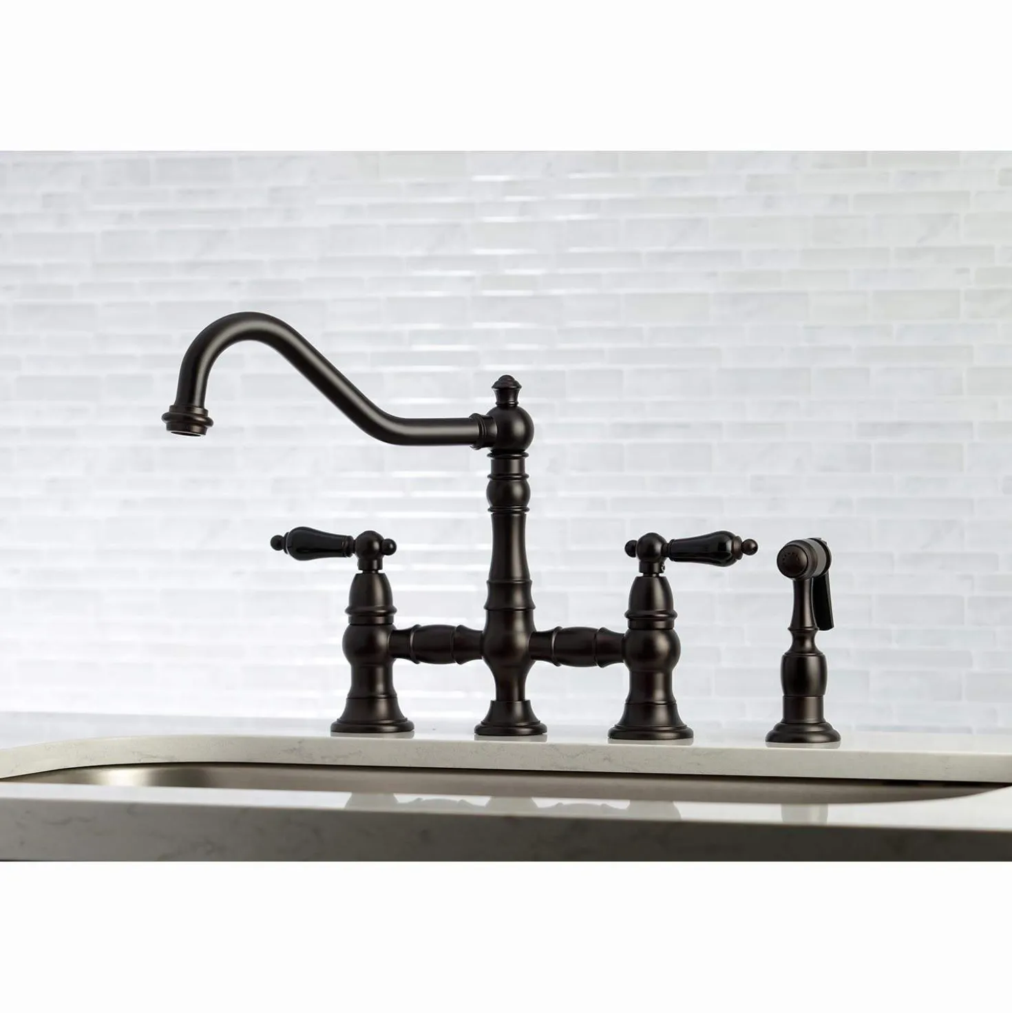 Kingston Brass KS327XPKLBS-P Duchess Bridge Kitchen Faucet with Brass Sprayer