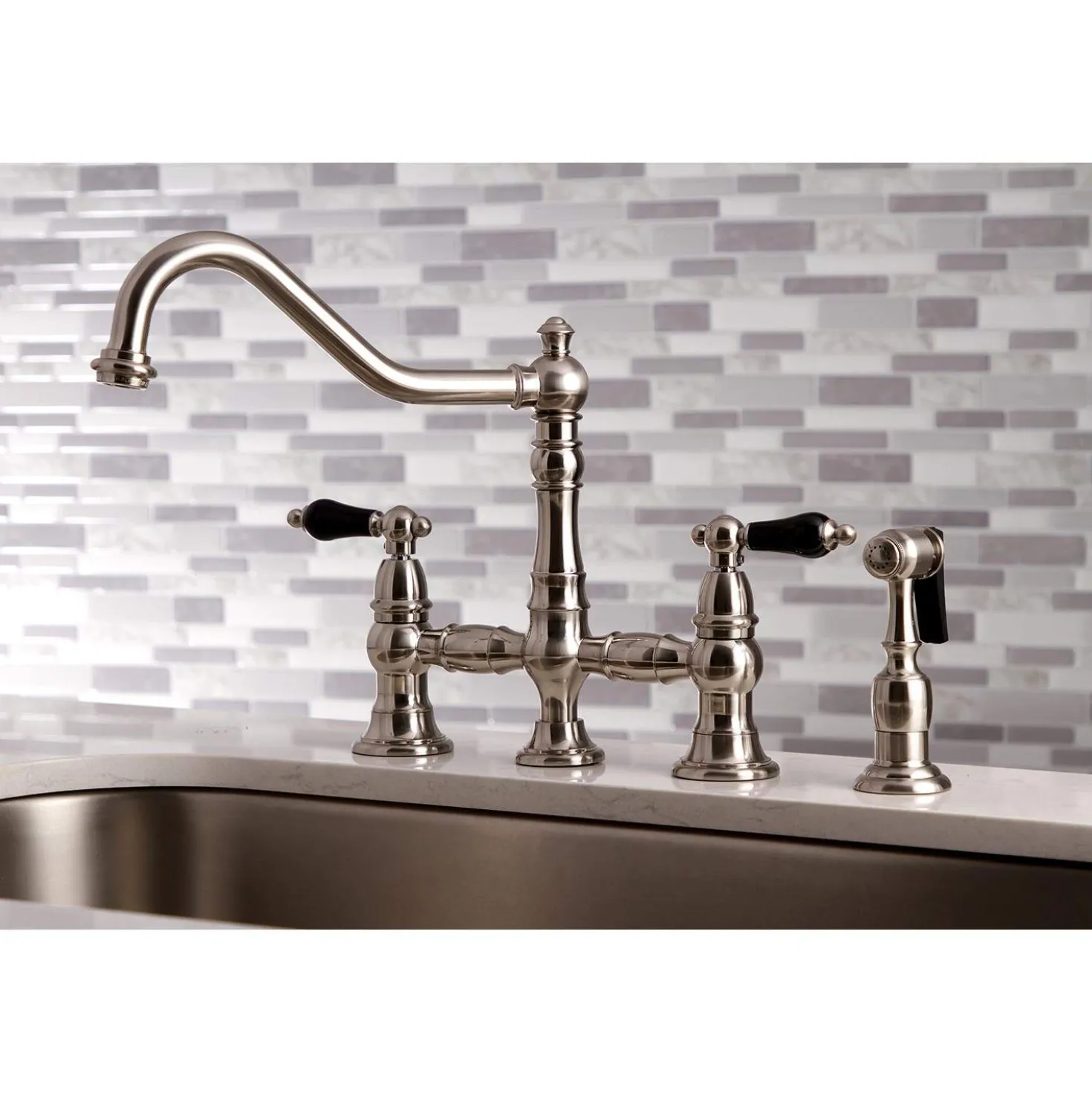 Kingston Brass KS327XPKLBS-P Duchess Bridge Kitchen Faucet with Brass Sprayer