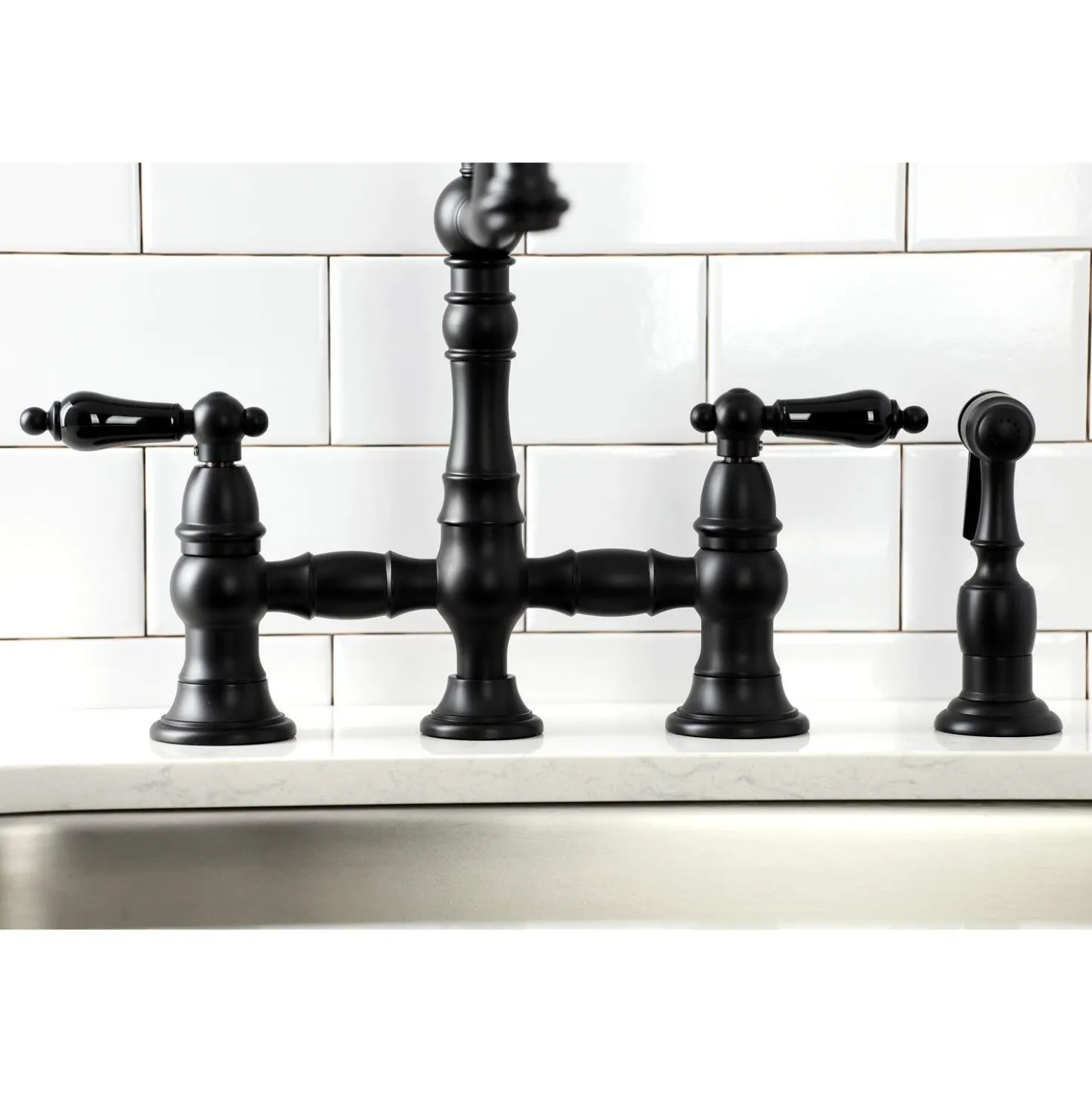 Kingston Brass KS327XPKLBS-P Duchess Bridge Kitchen Faucet with Brass Sprayer
