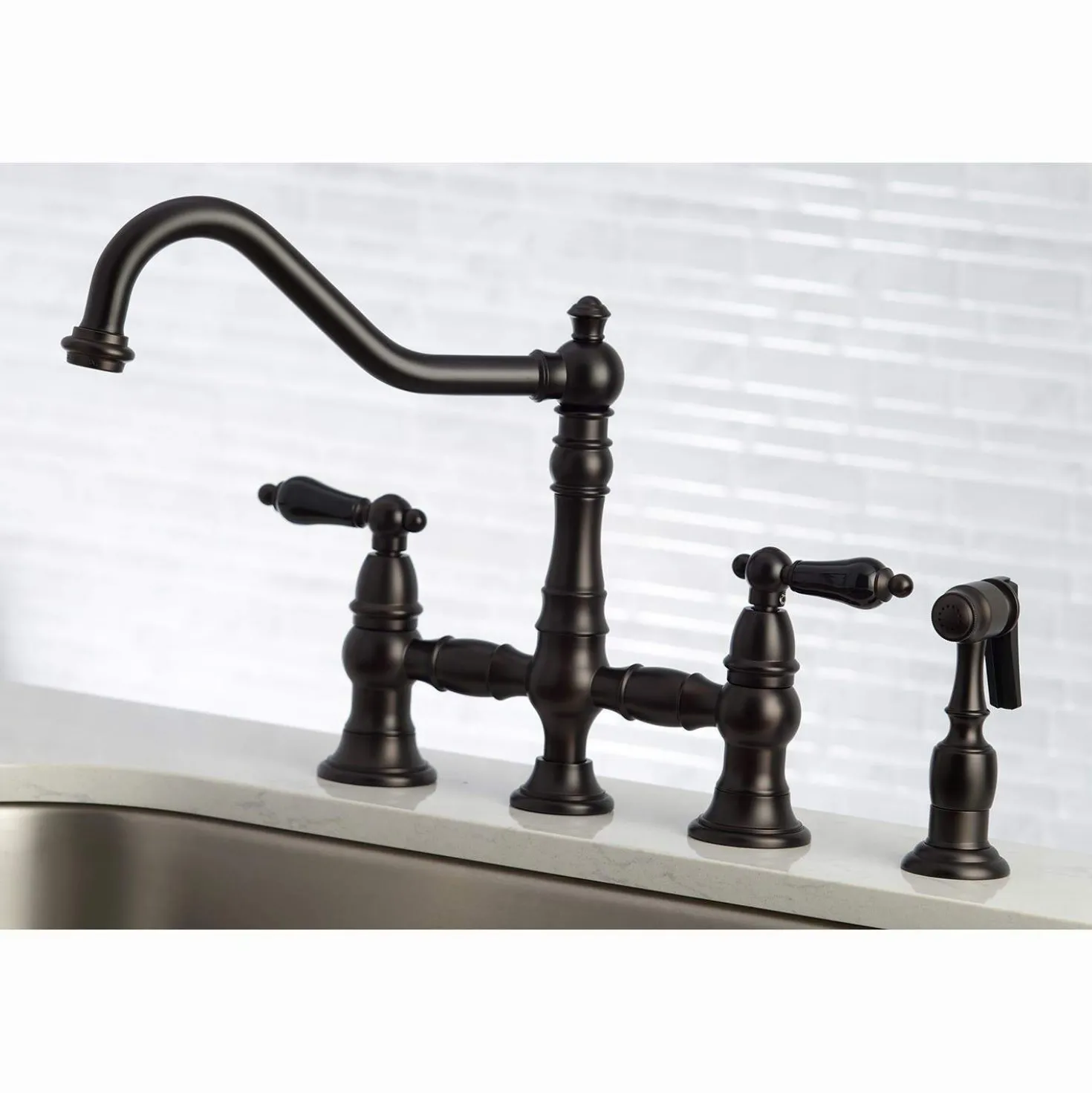 Kingston Brass KS327XPKLBS-P Duchess Bridge Kitchen Faucet with Brass Sprayer