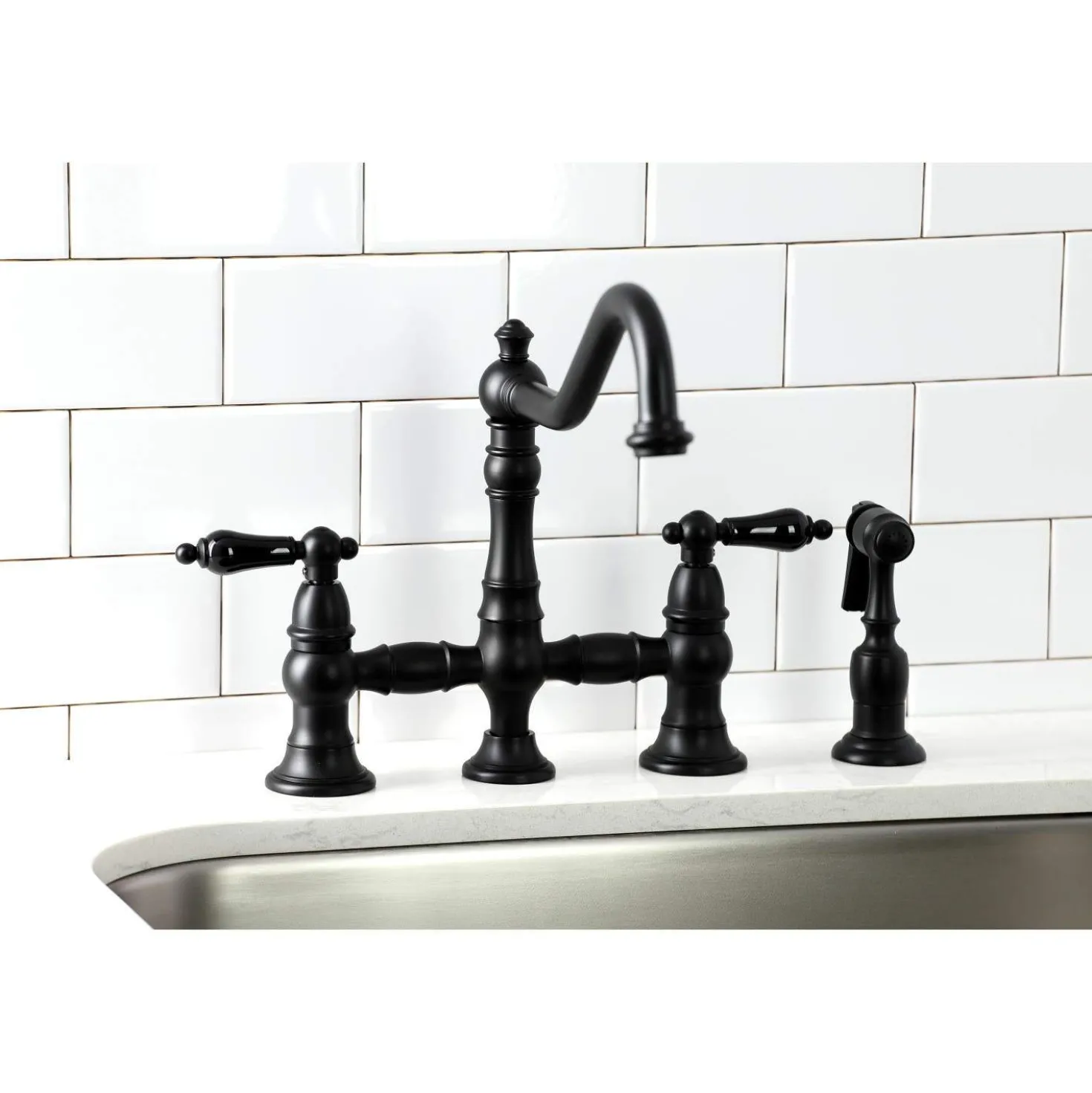 Kingston Brass KS327XPKLBS-P Duchess Bridge Kitchen Faucet with Brass Sprayer