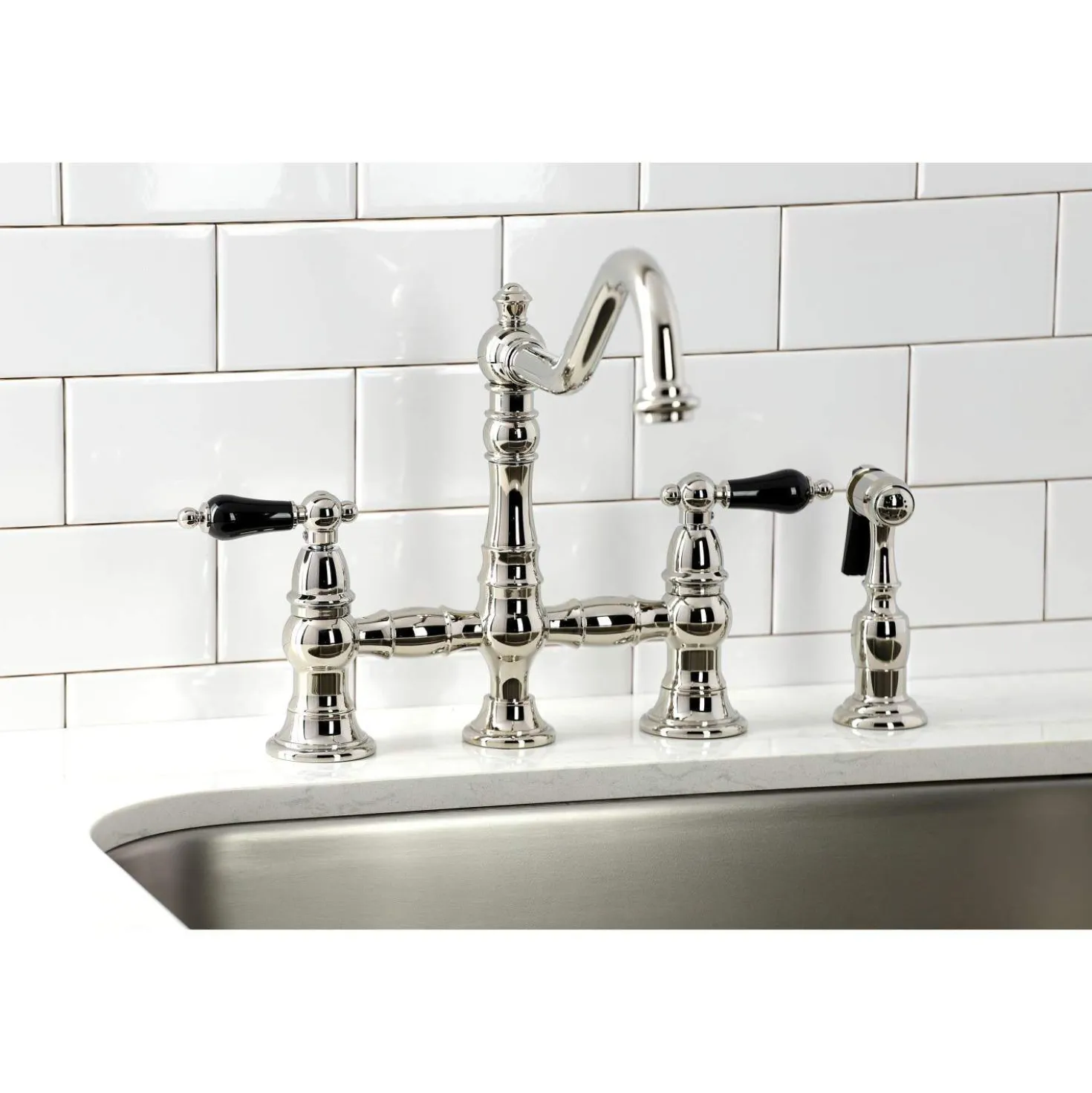 Kingston Brass KS327XPKLBS-P Duchess Bridge Kitchen Faucet with Brass Sprayer