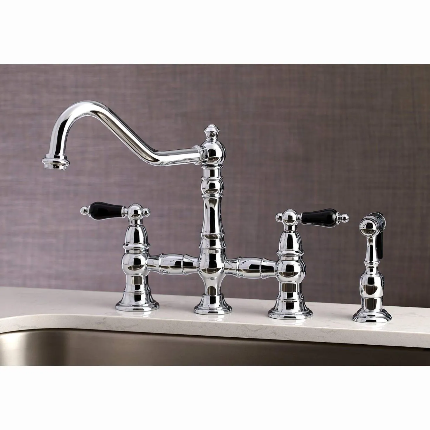 Kingston Brass KS327XPKLBS-P Duchess Bridge Kitchen Faucet with Brass Sprayer