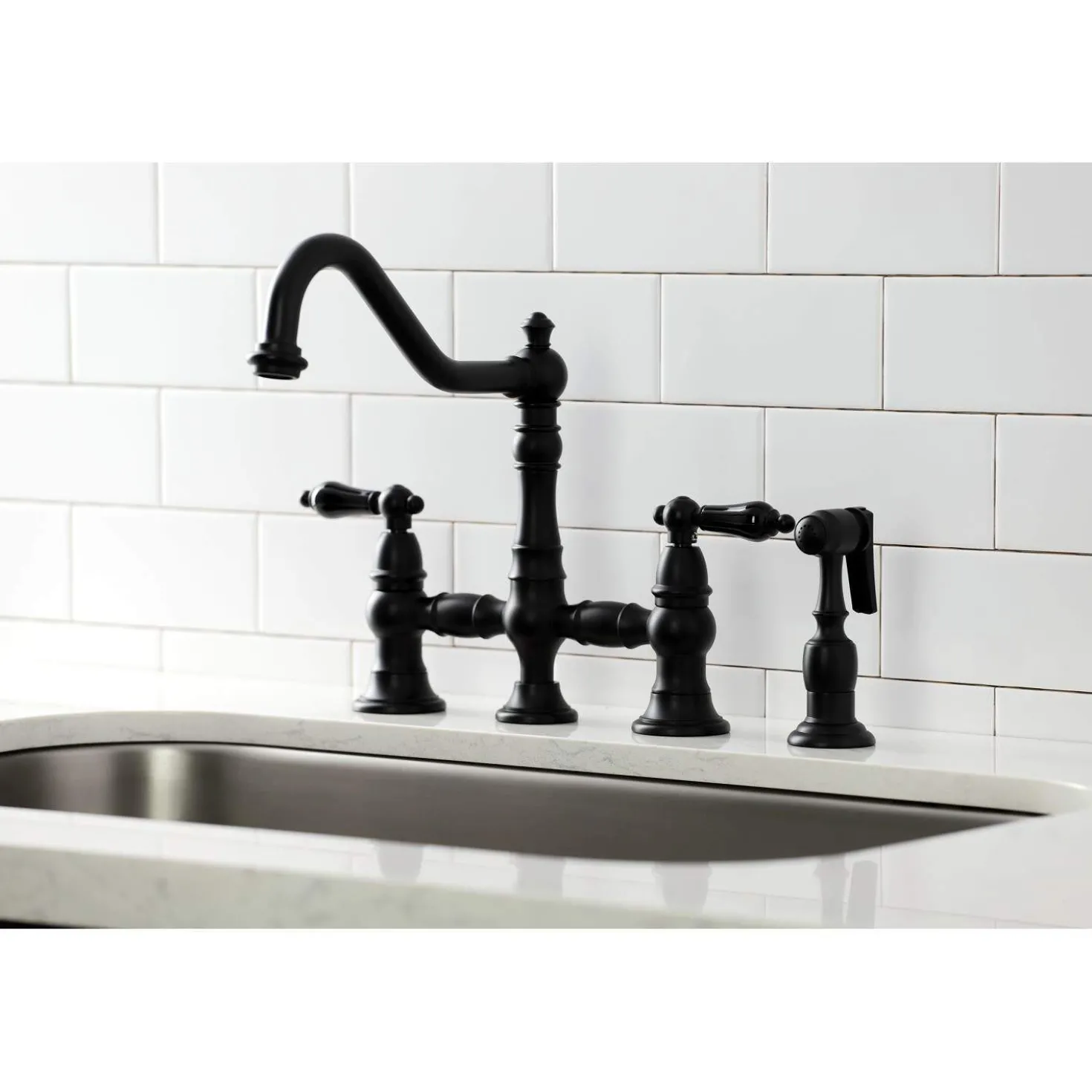 Kingston Brass KS327XPKLBS-P Duchess Bridge Kitchen Faucet with Brass Sprayer