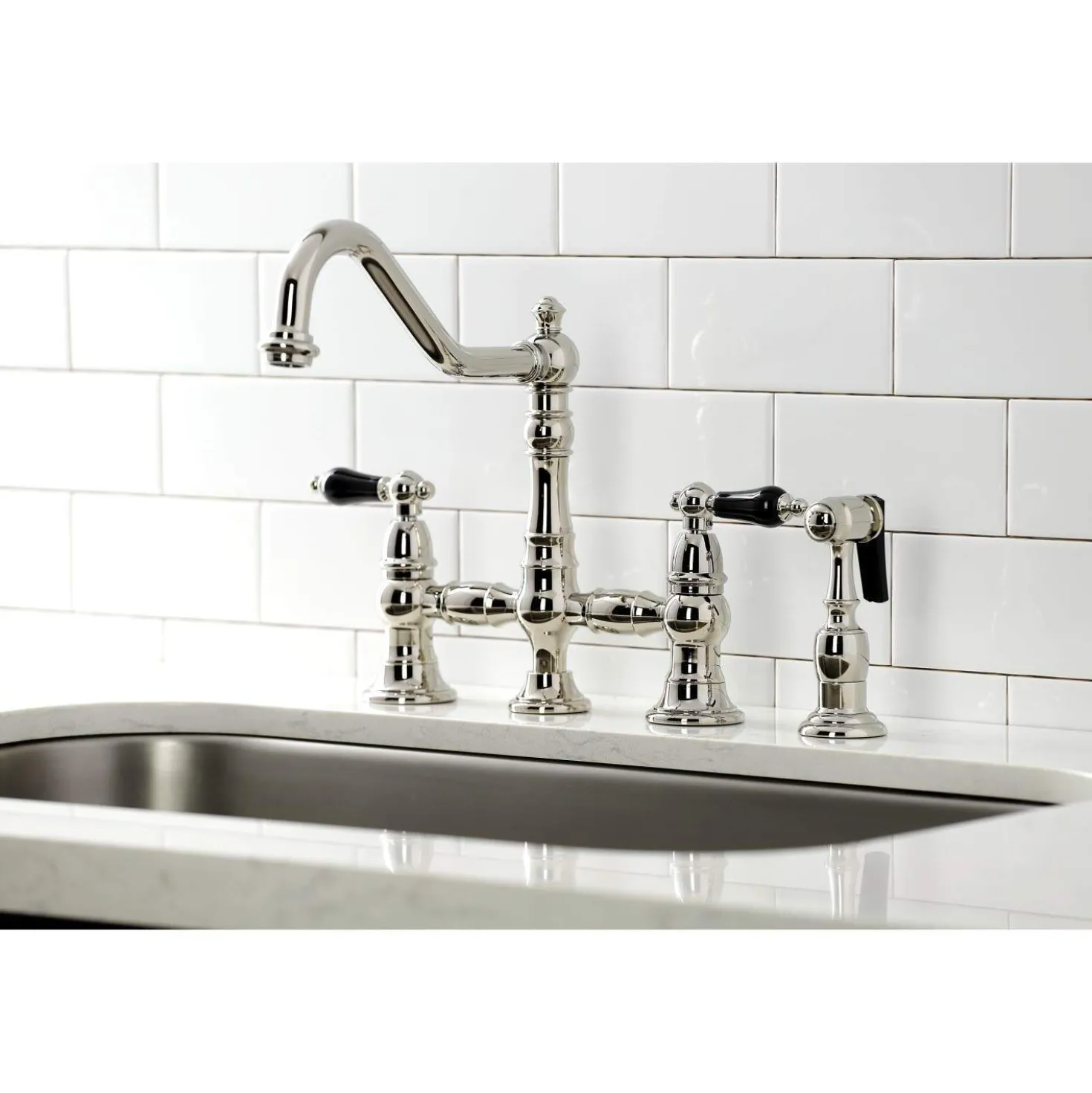 Kingston Brass KS327XPKLBS-P Duchess Bridge Kitchen Faucet with Brass Sprayer