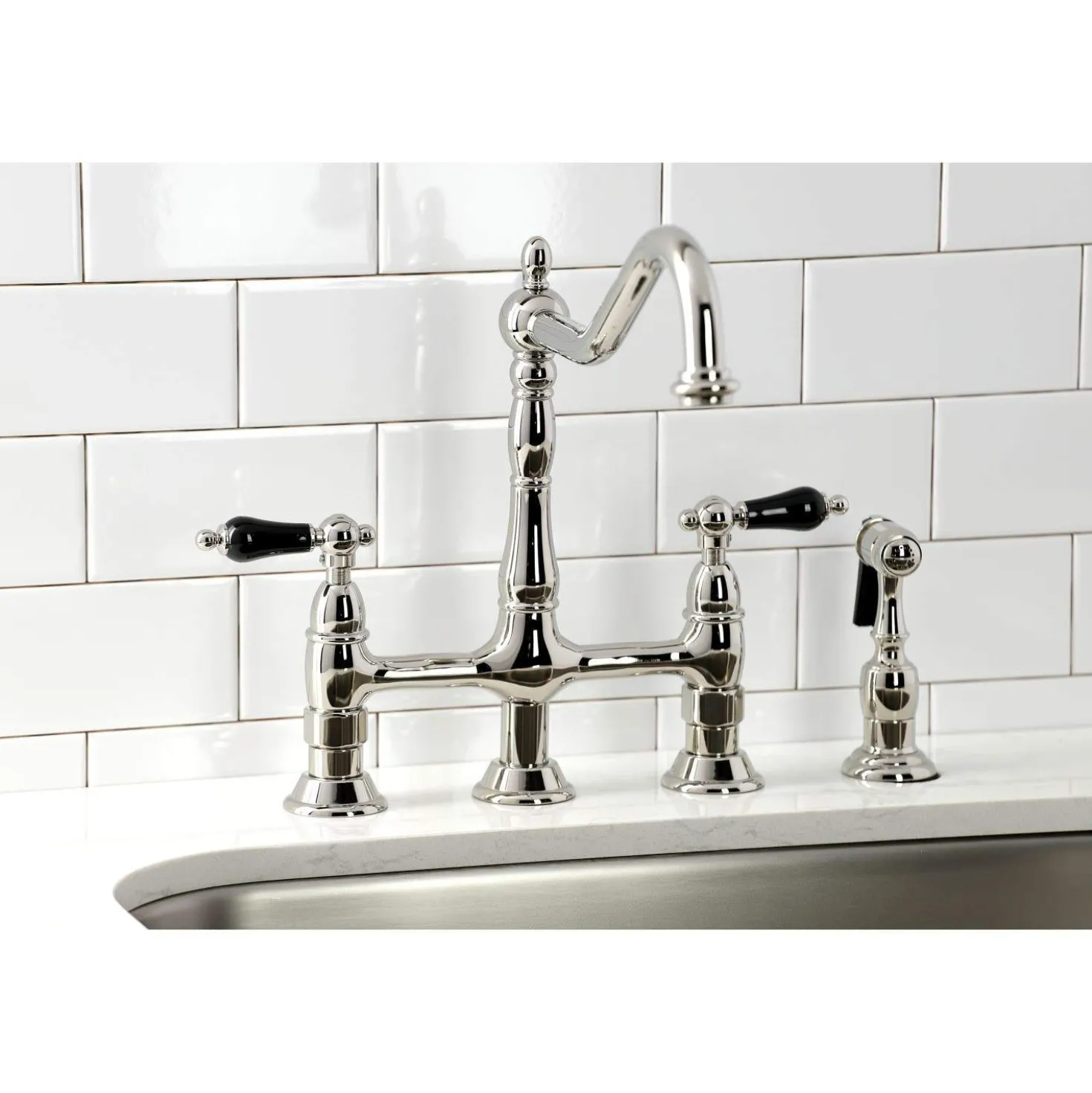 Kingston Brass KS127XPKLBS-P Duchess Bridge Kitchen Faucet with Brass Sprayer