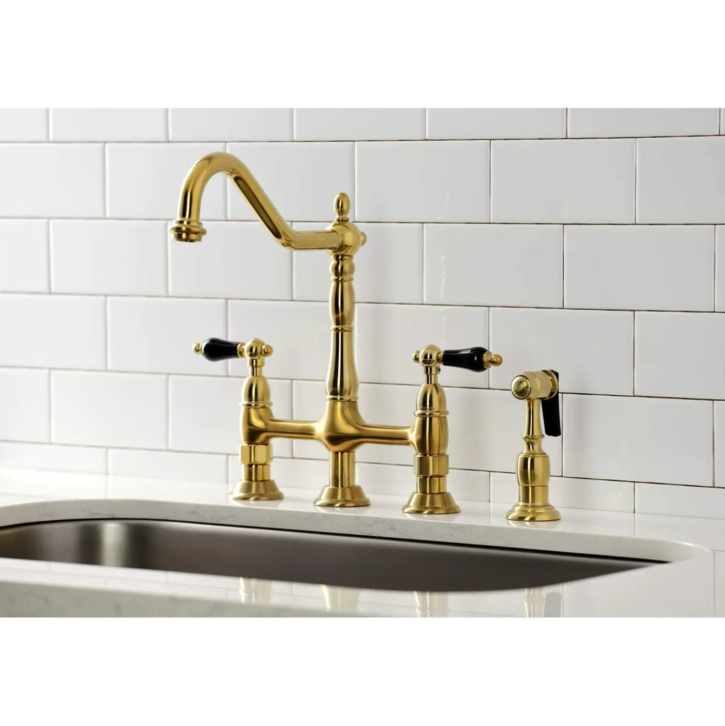 Kingston Brass KS127XPKLBS-P Duchess Bridge Kitchen Faucet with Brass Sprayer