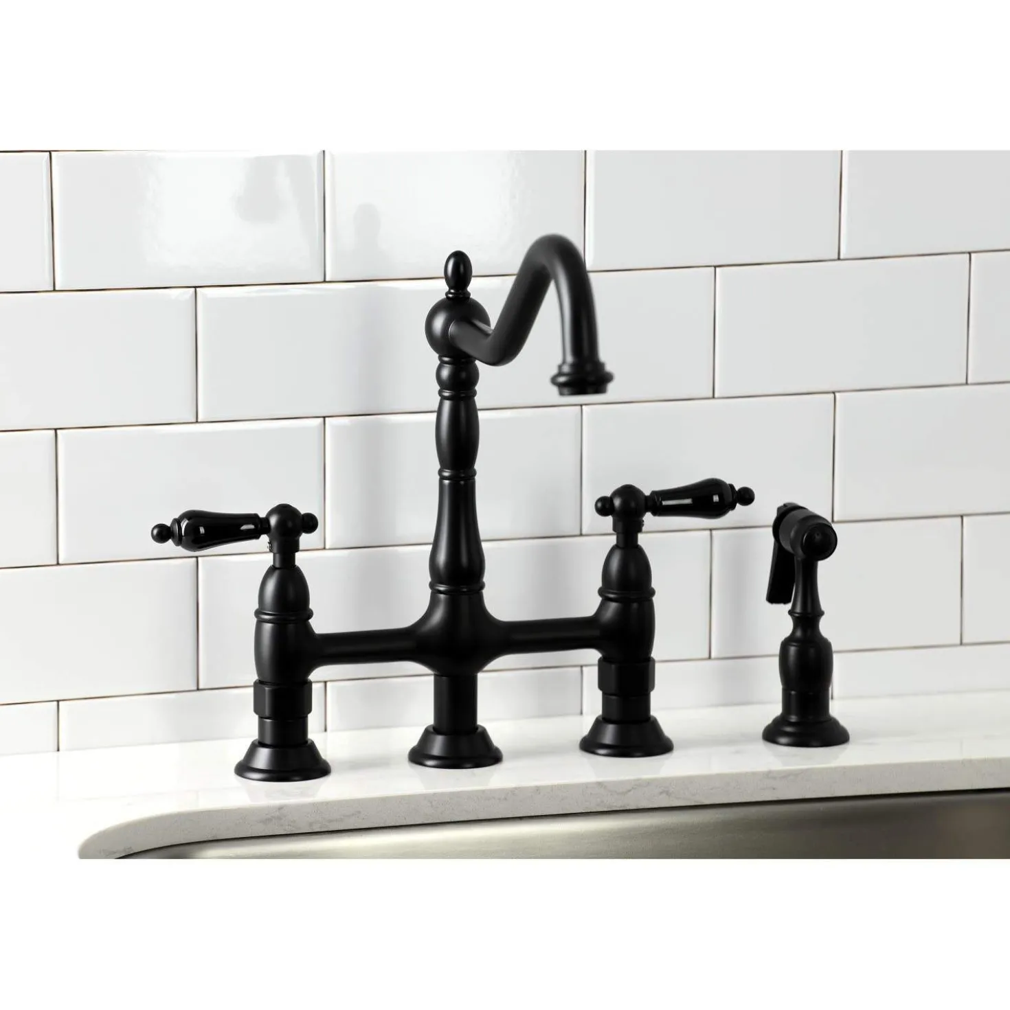 Kingston Brass KS127XPKLBS-P Duchess Bridge Kitchen Faucet with Brass Sprayer