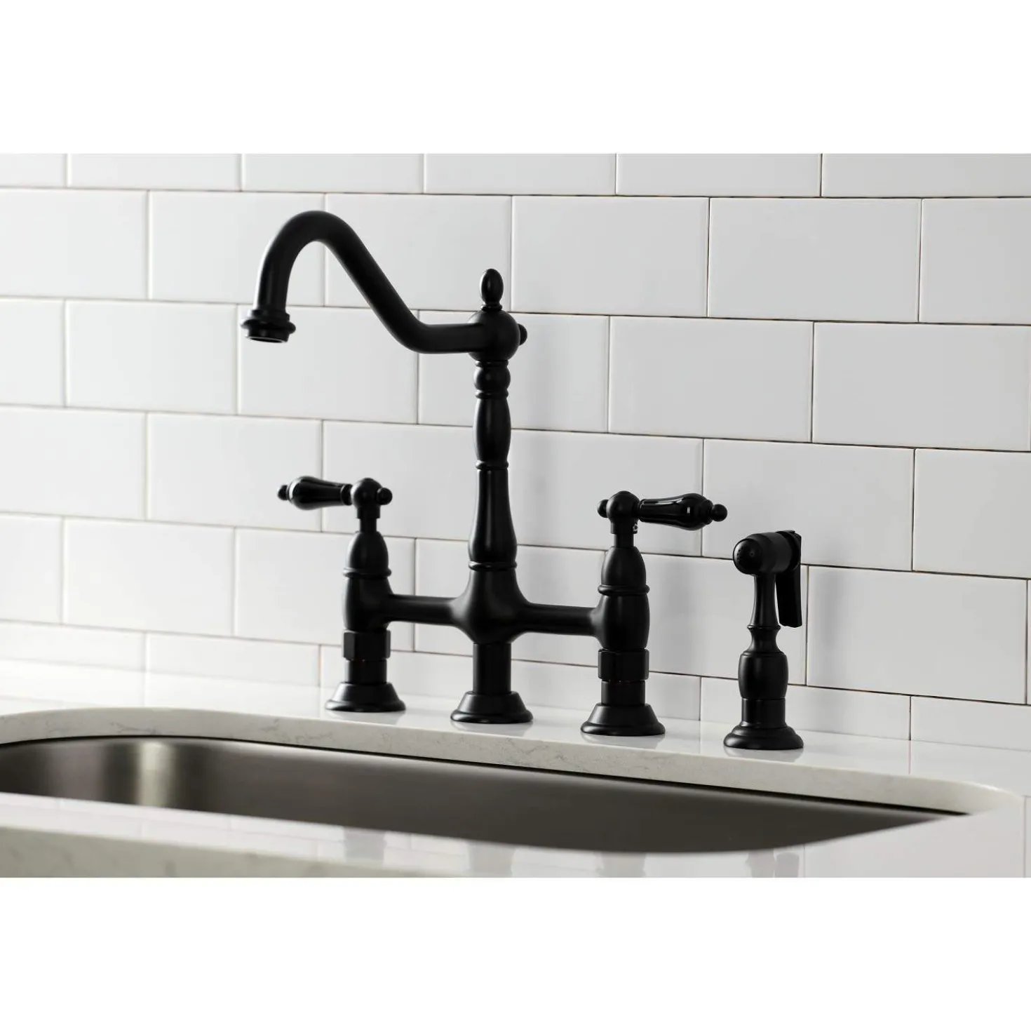 Kingston Brass KS127XPKLBS-P Duchess Bridge Kitchen Faucet with Brass Sprayer