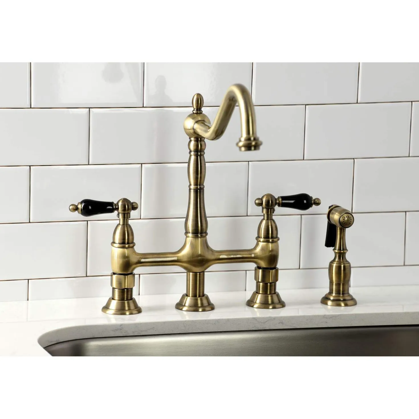 Kingston Brass KS127XPKLBS-P Duchess Bridge Kitchen Faucet with Brass Sprayer