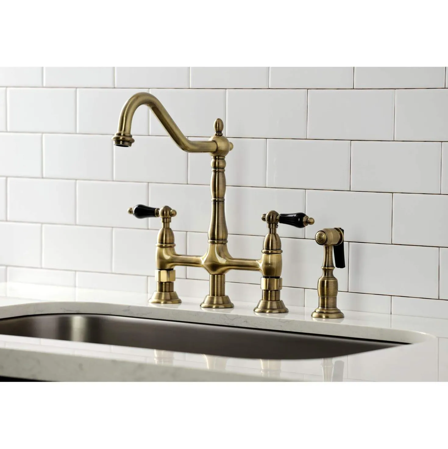 Kingston Brass KS127XPKLBS-P Duchess Bridge Kitchen Faucet with Brass Sprayer