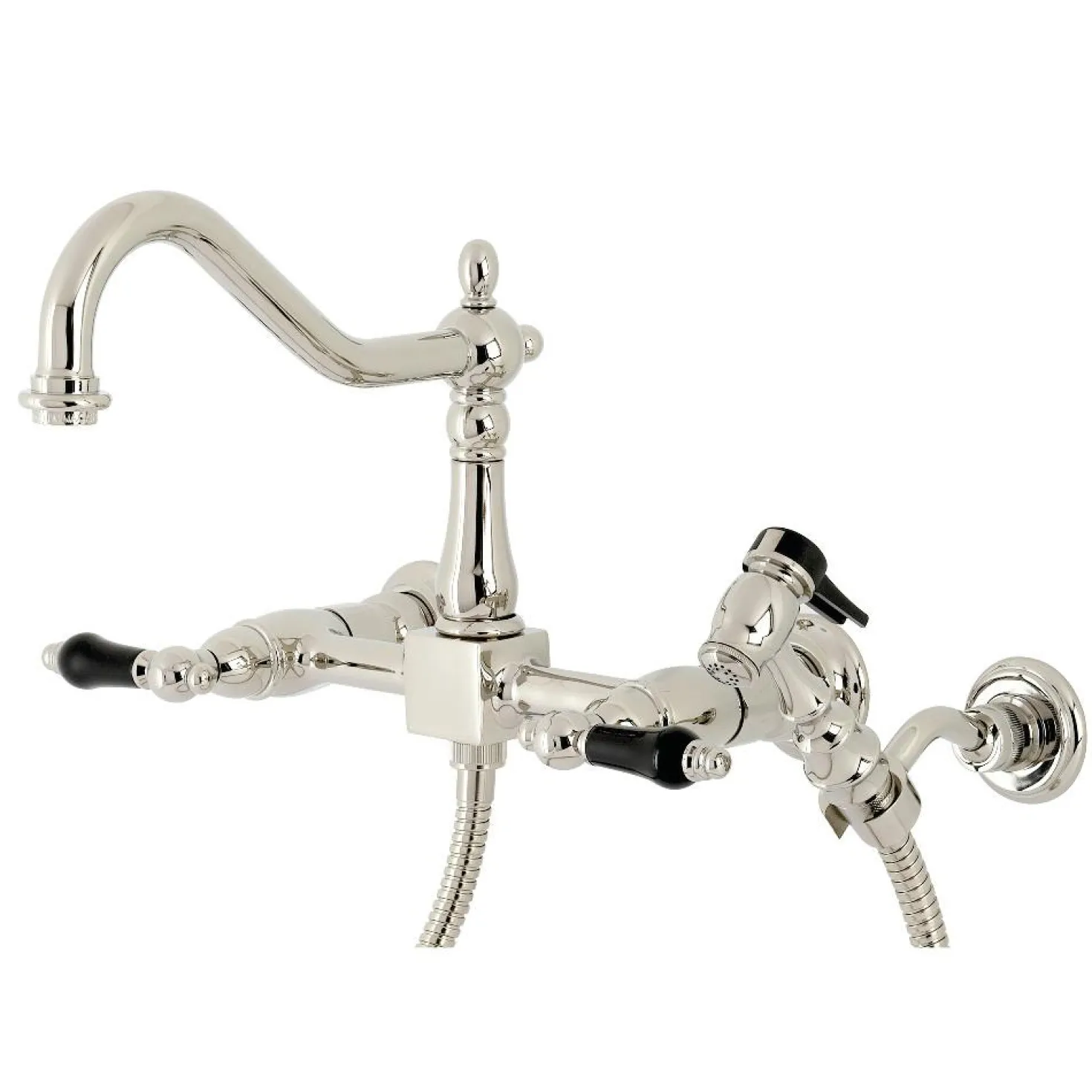 Kingston Brass KS124XPKLBS-P Duchess Two-Handle Wall Mount Bridge Kitchen Faucet with Brass Sprayer