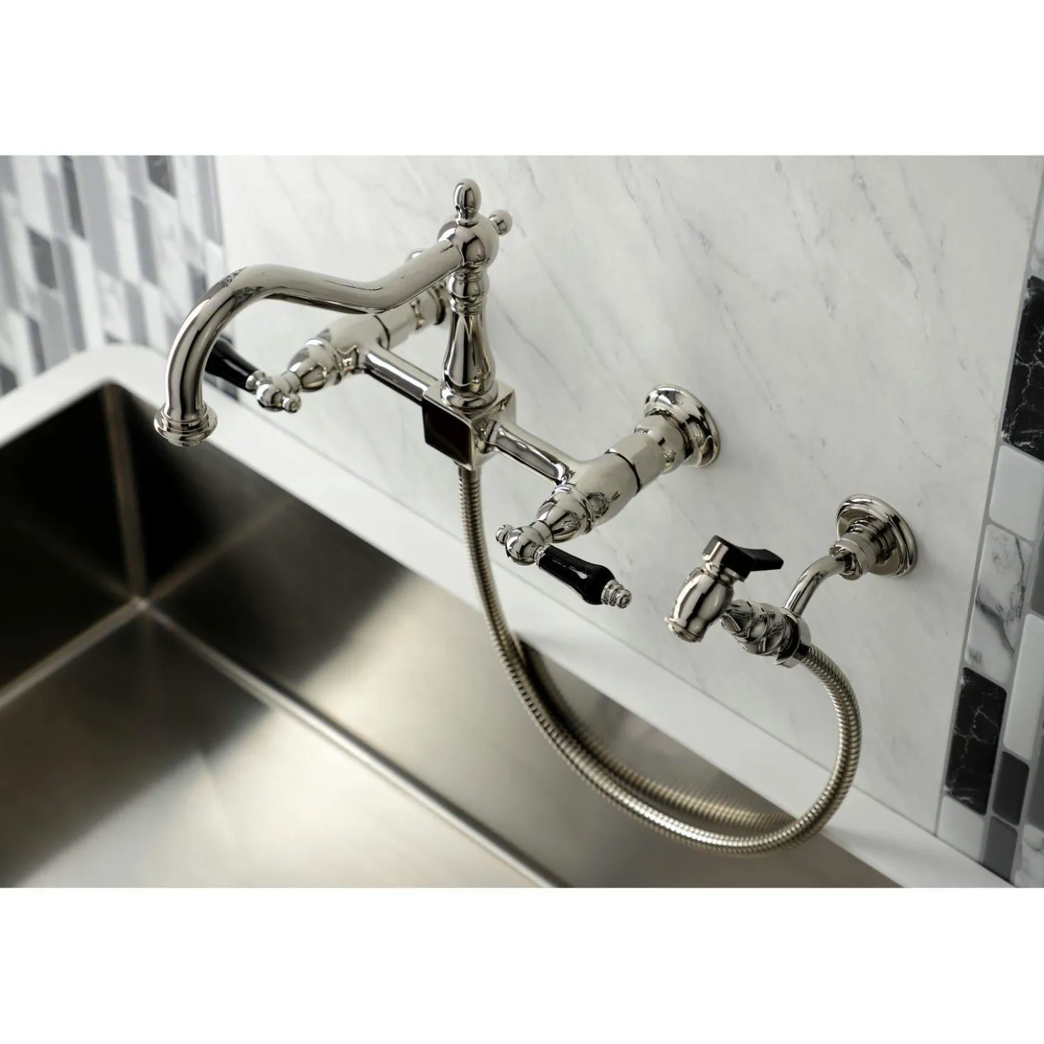 Kingston Brass KS124XPKLBS-P Duchess Two-Handle Wall Mount Bridge Kitchen Faucet with Brass Sprayer