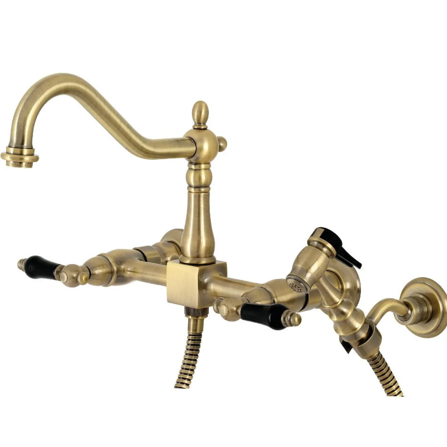 Kingston Brass KS124XPKLBS-P Duchess Two-Handle Wall Mount Bridge Kitchen Faucet with Brass Sprayer