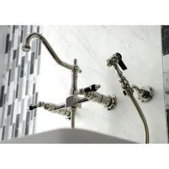 Kingston Brass KS124XPKLBS-P Duchess Two-Handle Wall Mount Bridge Kitchen Faucet with Brass Sprayer