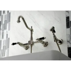 Kingston Brass KS124XPKLBS-P Duchess Two-Handle Wall Mount Bridge Kitchen Faucet with Brass Sprayer