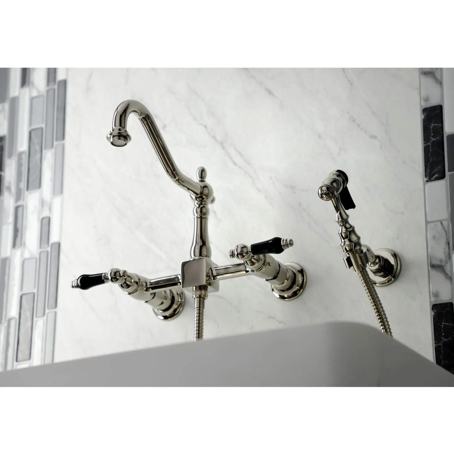 Kingston Brass KS124XPKLBS-P Duchess Two-Handle Wall Mount Bridge Kitchen Faucet with Brass Sprayer