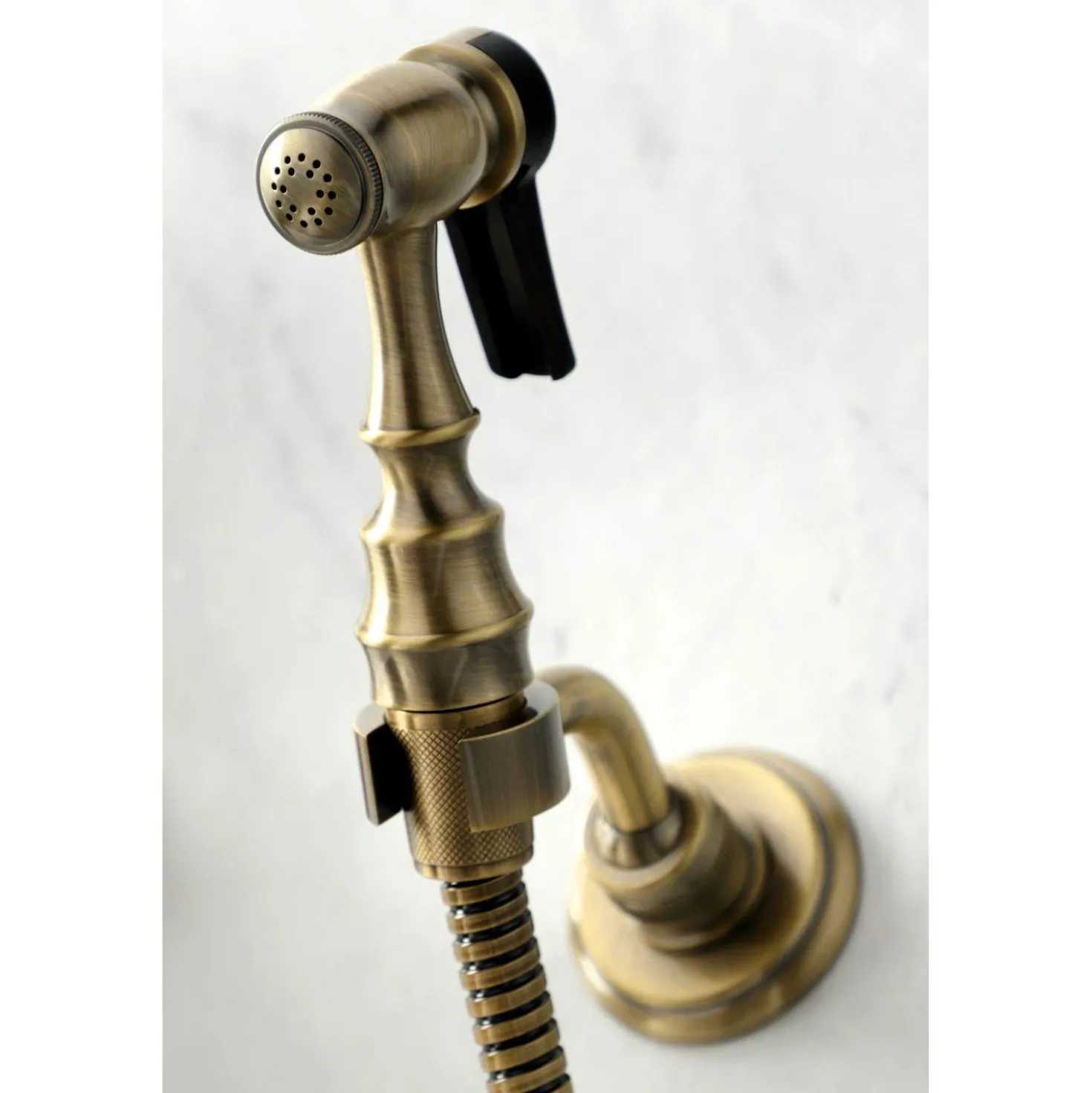 Kingston Brass KS124XPKLBS-P Duchess Two-Handle Wall Mount Bridge Kitchen Faucet with Brass Sprayer