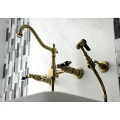Kingston Brass KS124XPKLBS-P Duchess Two-Handle Wall Mount Bridge Kitchen Faucet with Brass Sprayer