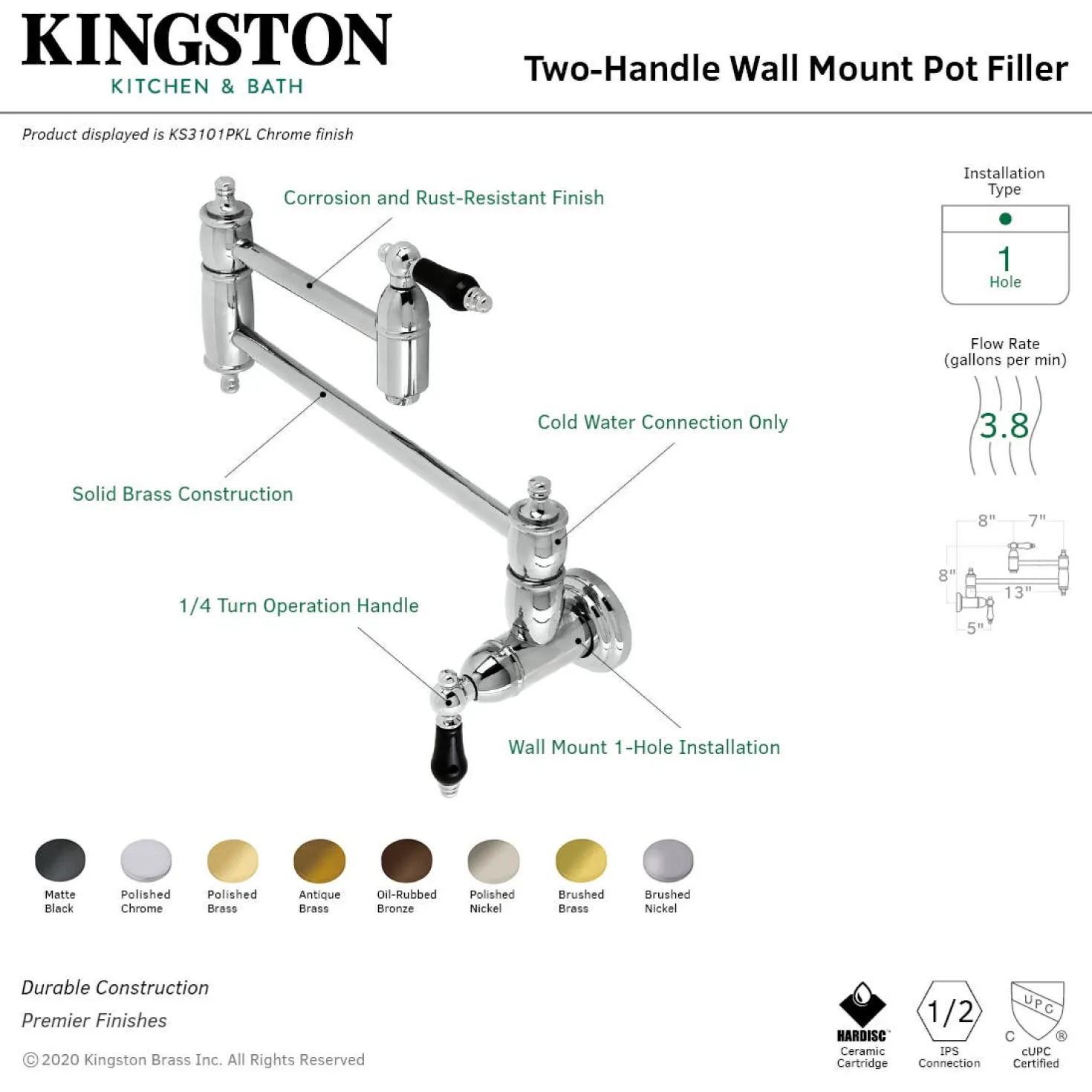 Kingston Brass KS310XPKL-P Duchess Wall Mount Pot Filler