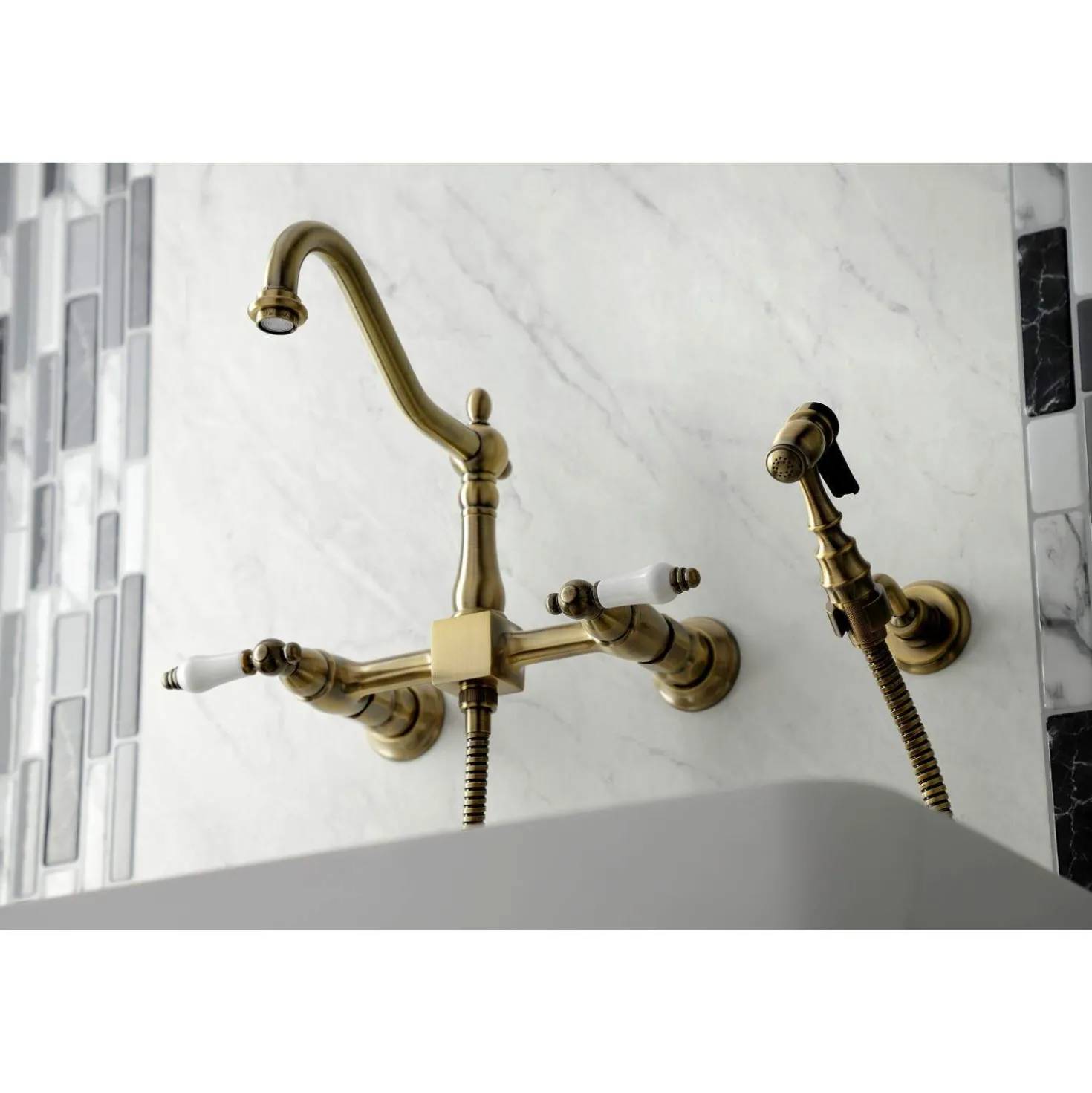 Kingston Brass KS124XPLBS-P Heritage Two-Handle Wall Mount Bridge Kitchen Faucet with Brass Sprayer