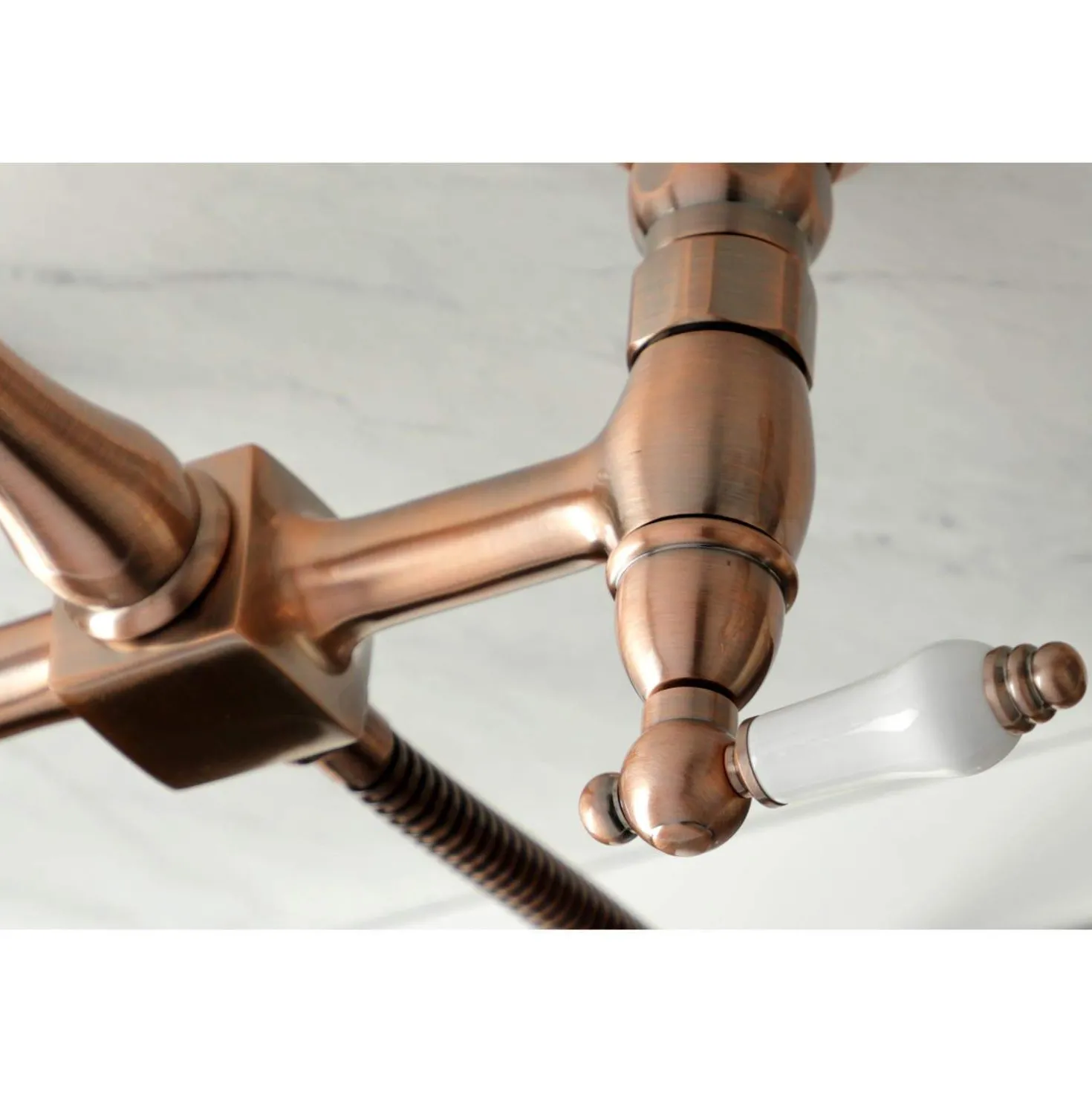 Kingston Brass KS124XPLBS-P Heritage Two-Handle Wall Mount Bridge Kitchen Faucet with Brass Sprayer