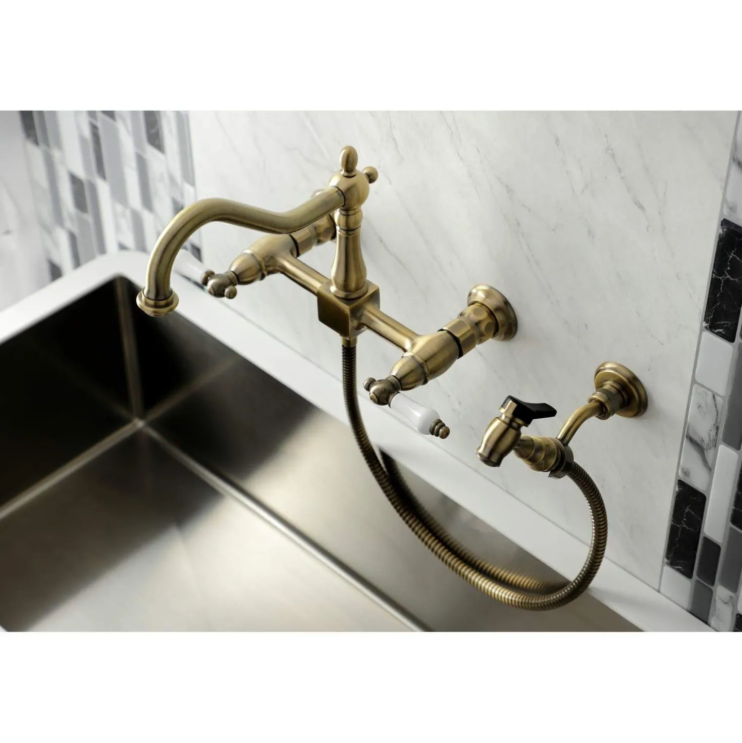 Kingston Brass KS124XPLBS-P Heritage Two-Handle Wall Mount Bridge Kitchen Faucet with Brass Sprayer