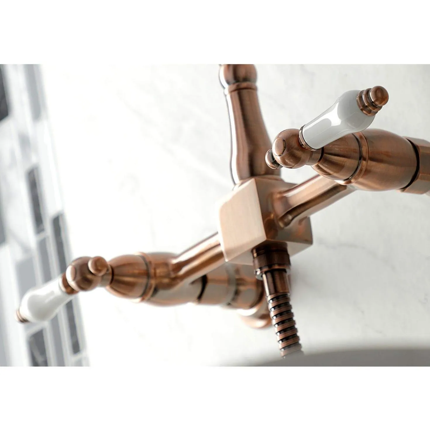 Kingston Brass KS124XPLBS-P Heritage Two-Handle Wall Mount Bridge Kitchen Faucet with Brass Sprayer