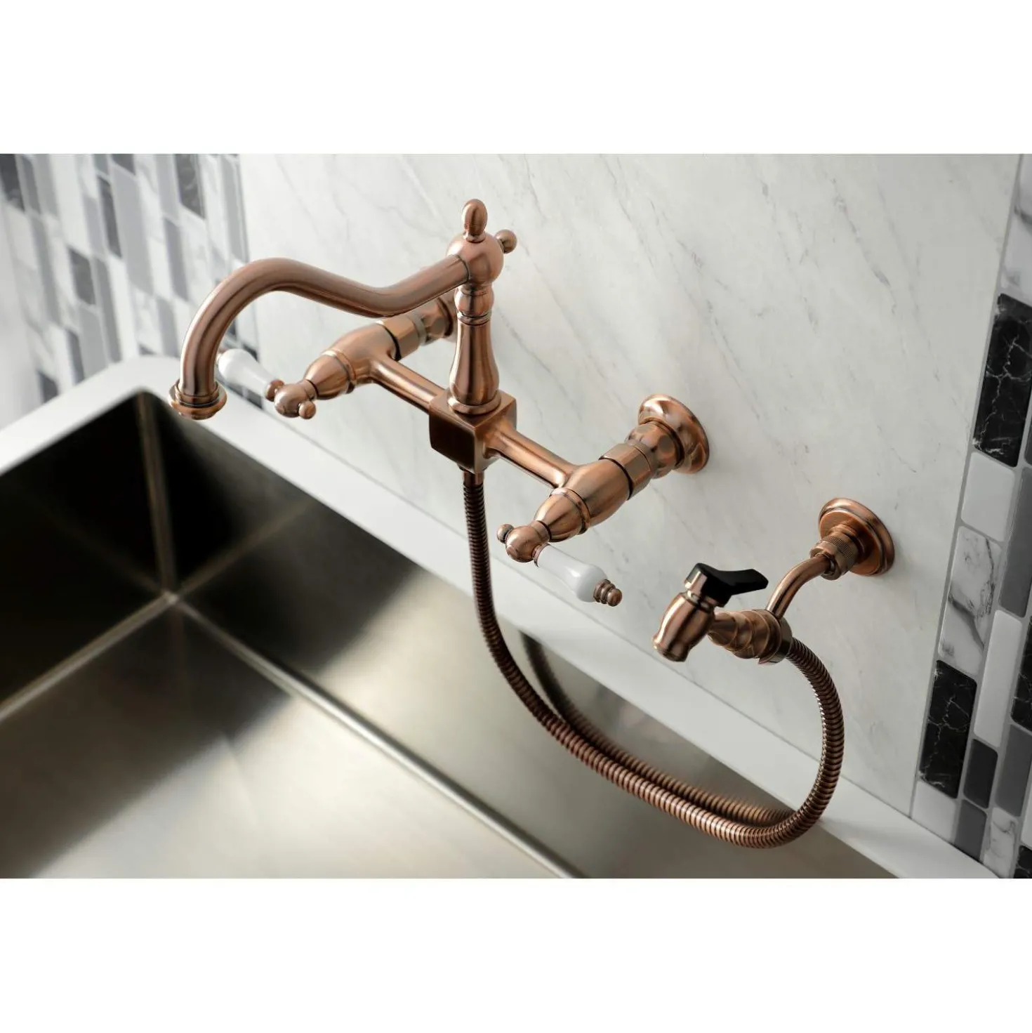 Kingston Brass KS124XPLBS-P Heritage Two-Handle Wall Mount Bridge Kitchen Faucet with Brass Sprayer