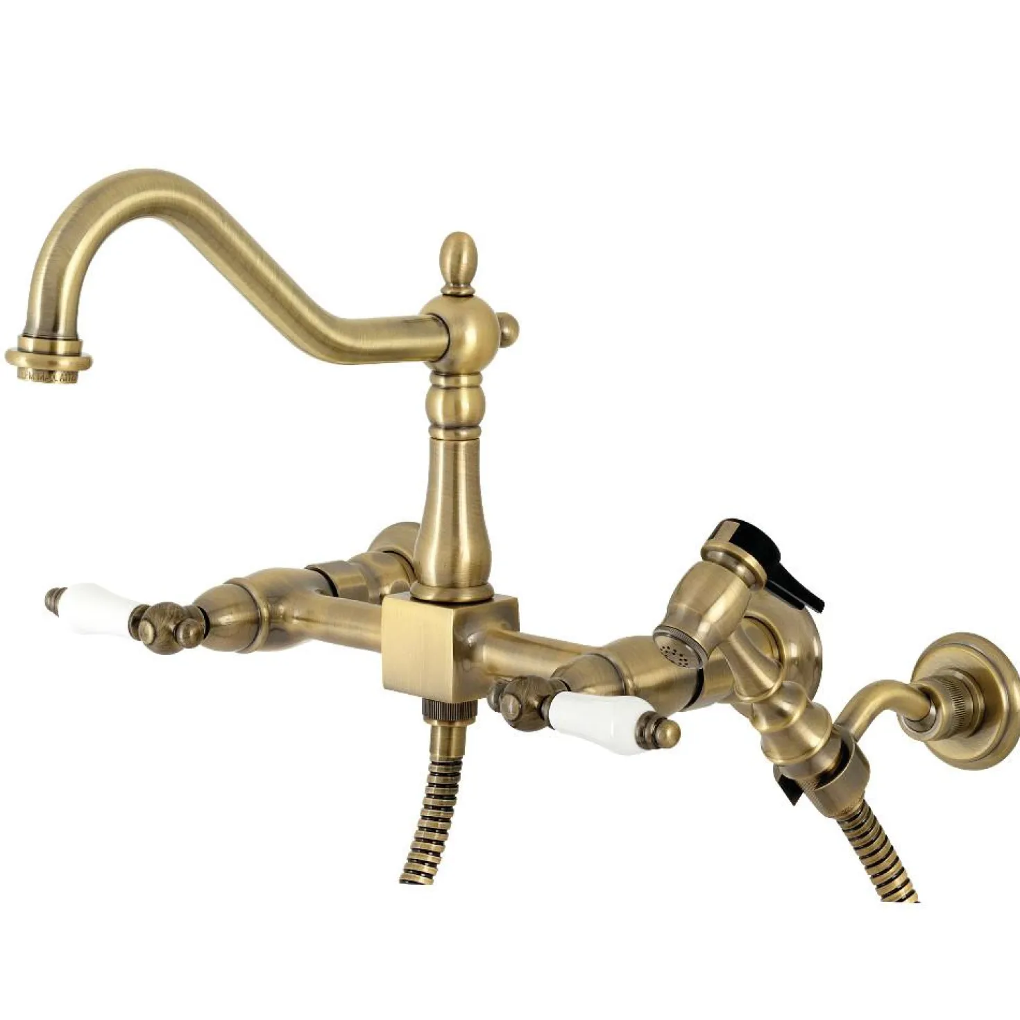 Kingston Brass KS124XPLBS-P Heritage Two-Handle Wall Mount Bridge Kitchen Faucet with Brass Sprayer