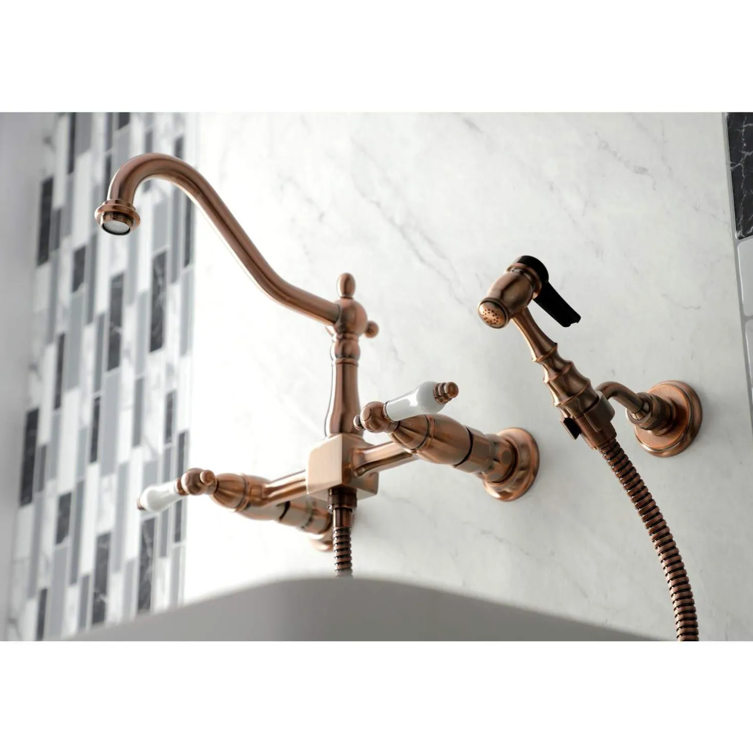 Kingston Brass KS124XPLBS-P Heritage Two-Handle Wall Mount Bridge Kitchen Faucet with Brass Sprayer