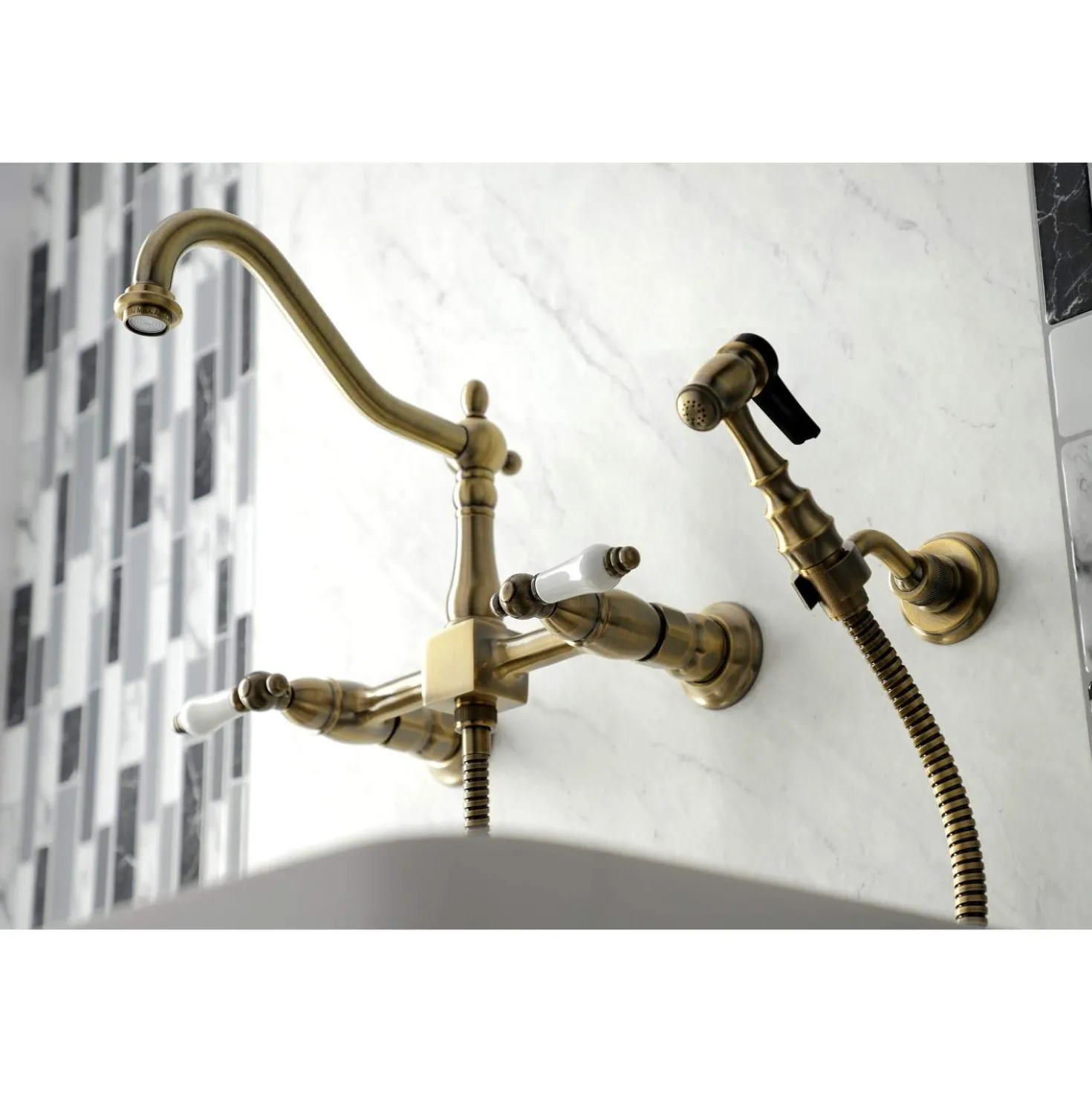 Kingston Brass KS124XPLBS-P Heritage Two-Handle Wall Mount Bridge Kitchen Faucet with Brass Sprayer