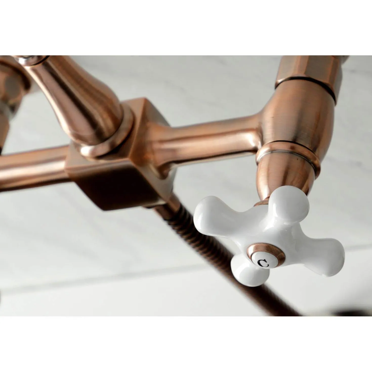 Kingston Brass KS124XPXBS-P Heritage Two-Handle Wall Mount Bridge Kitchen Faucet with Brass Sprayer