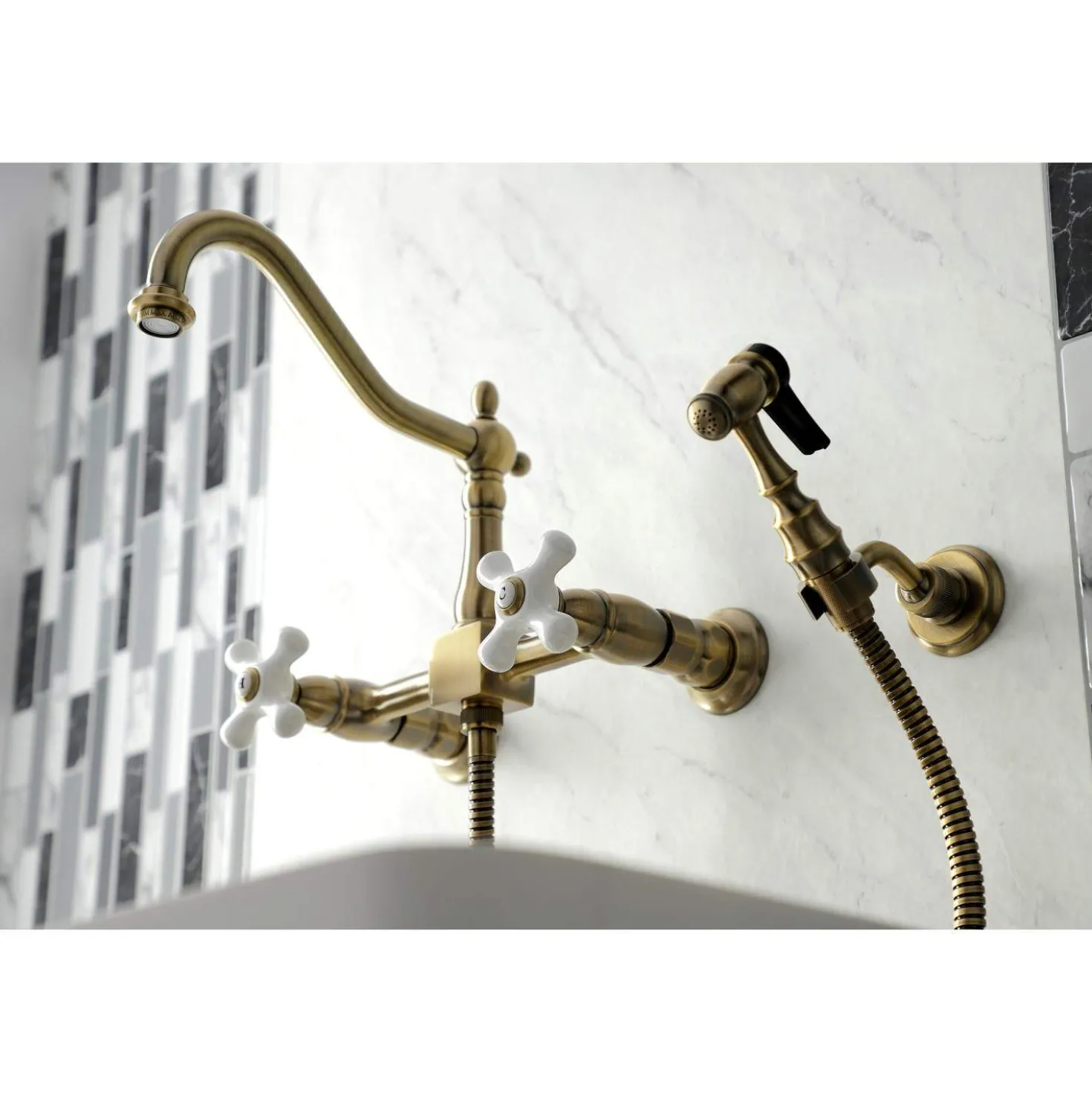 Kingston Brass KS124XPXBS-P Heritage Two-Handle Wall Mount Bridge Kitchen Faucet with Brass Sprayer