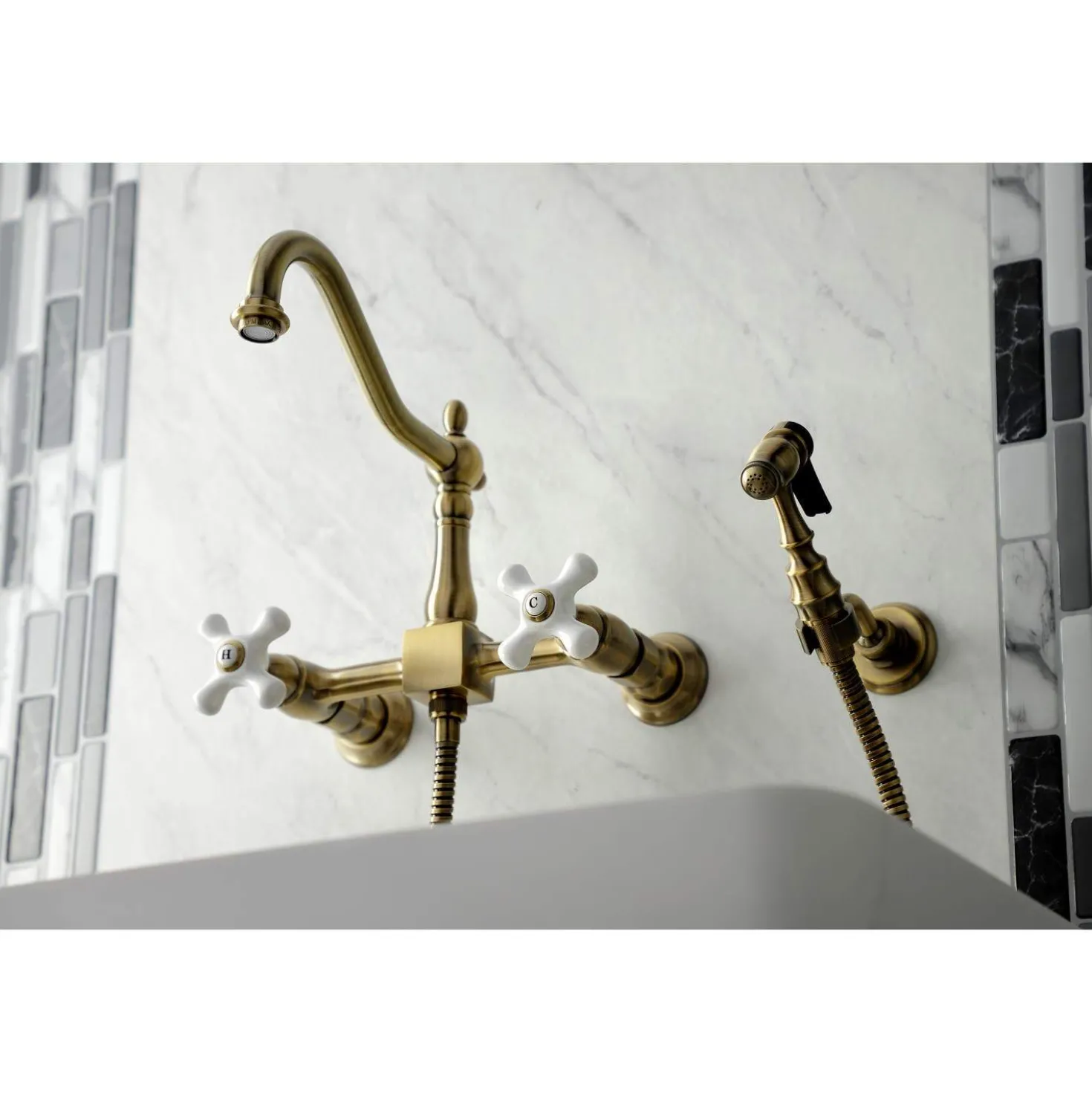 Kingston Brass KS124XPXBS-P Heritage Two-Handle Wall Mount Bridge Kitchen Faucet with Brass Sprayer