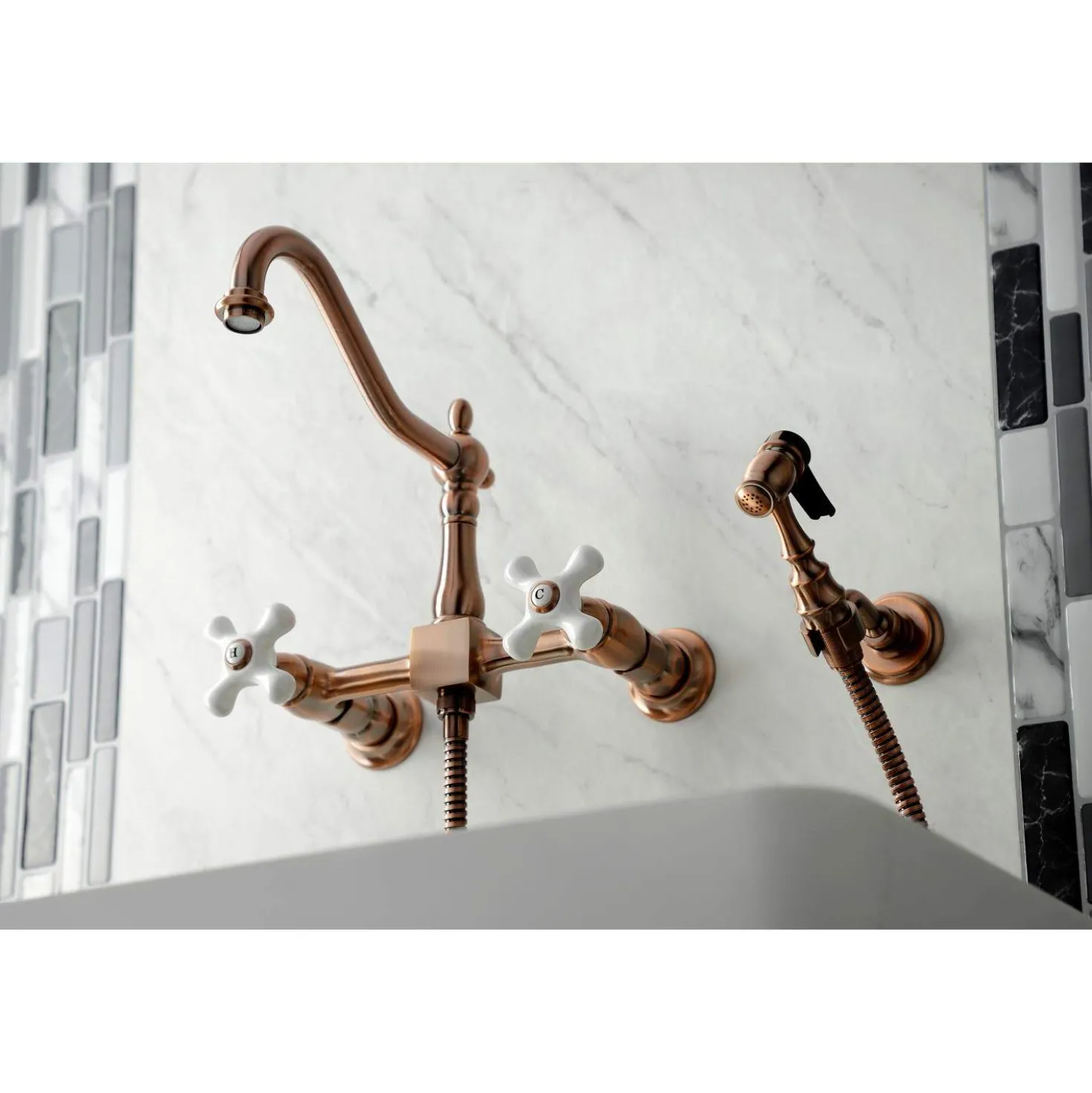 Kingston Brass KS124XPXBS-P Heritage Two-Handle Wall Mount Bridge Kitchen Faucet with Brass Sprayer
