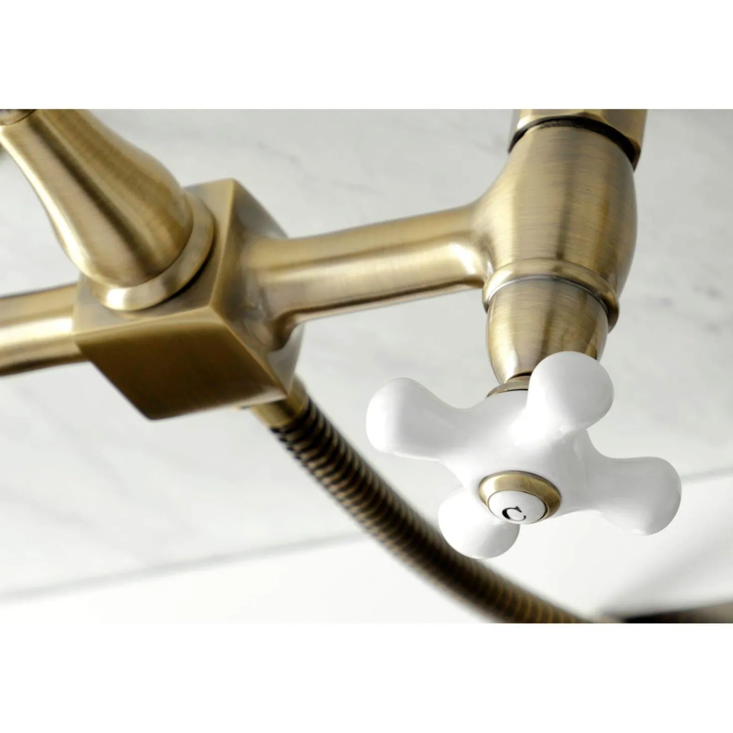 Kingston Brass KS124XPXBS-P Heritage Two-Handle Wall Mount Bridge Kitchen Faucet with Brass Sprayer