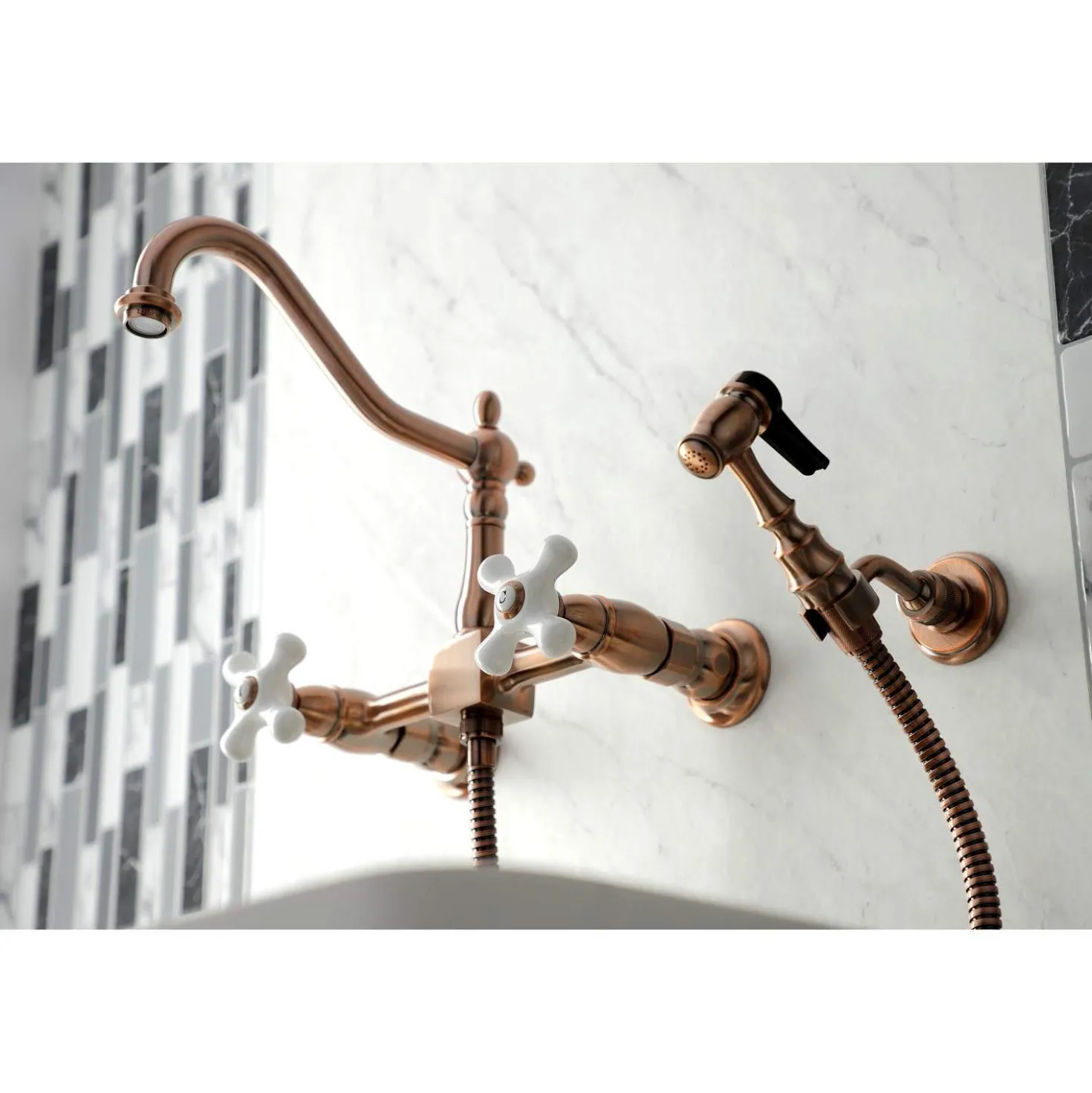 Kingston Brass KS124XPXBS-P Heritage Two-Handle Wall Mount Bridge Kitchen Faucet with Brass Sprayer