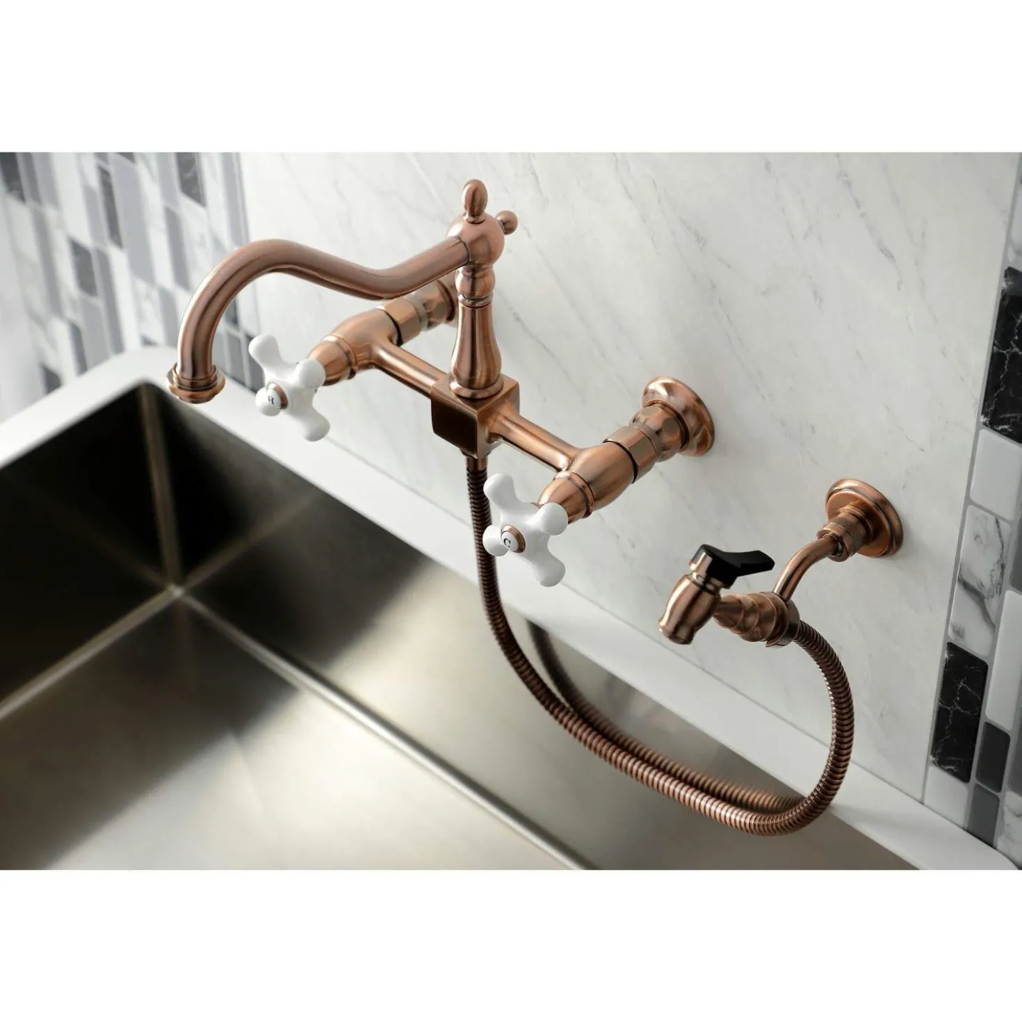 Kingston Brass KS124XPXBS-P Heritage Two-Handle Wall Mount Bridge Kitchen Faucet with Brass Sprayer
