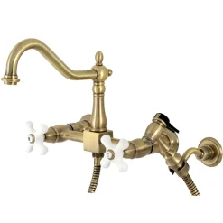 Kingston Brass KS124XPXBS-P Heritage Two-Handle Wall Mount Bridge Kitchen Faucet with Brass Sprayer