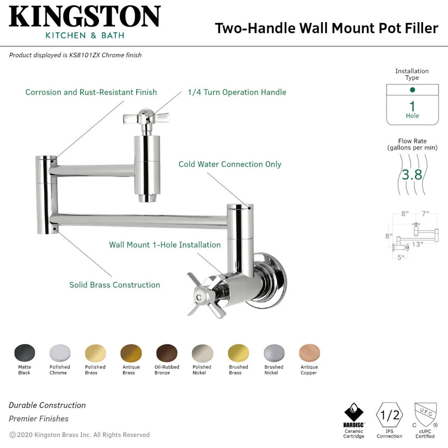 Kingston Brass KS810ZXAC Millennium Wall Mount Pot Filler Kitchen Faucet, Antique Copper