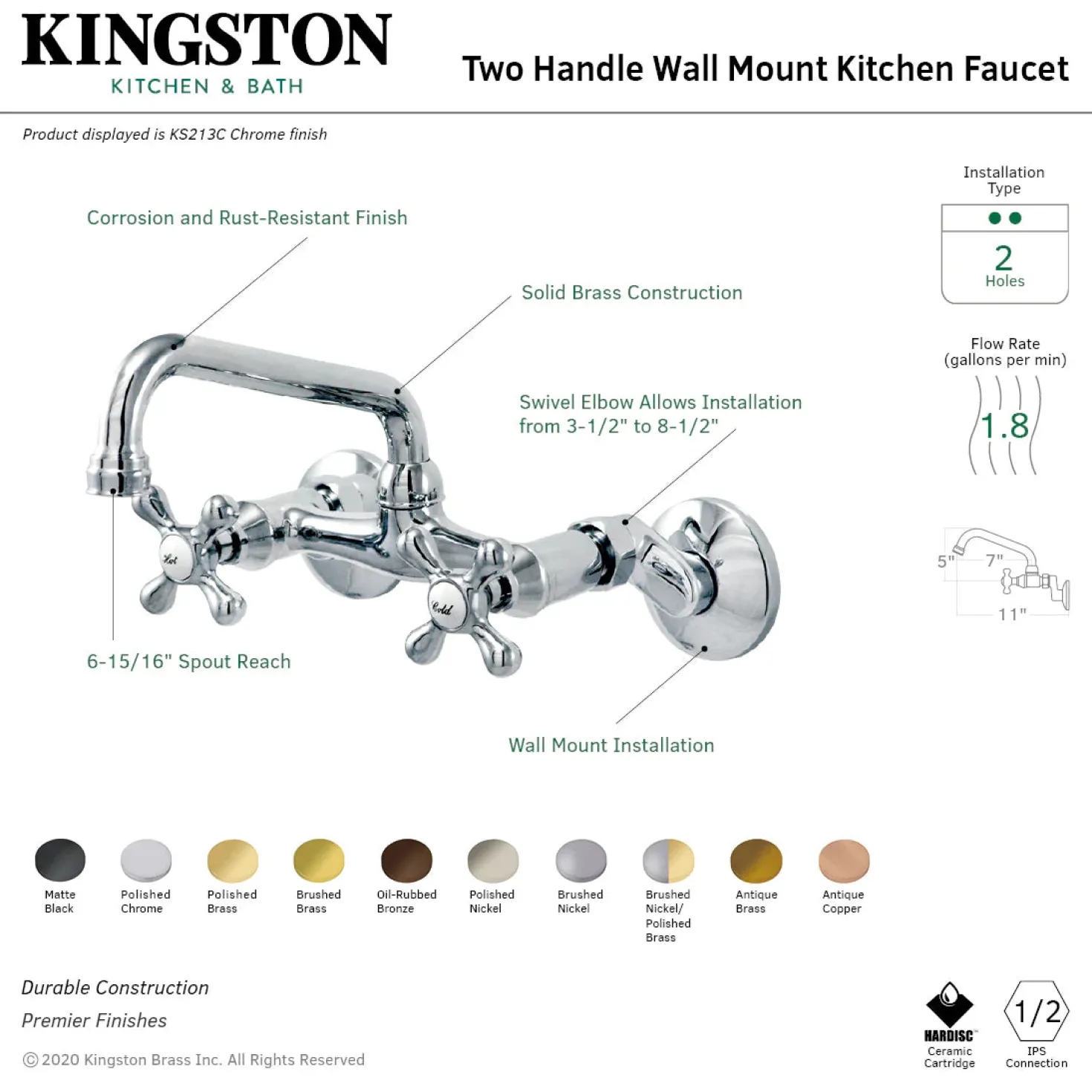 Kingston Brass Magellan 6" Adjustable Center Wall Mount Kitchen Faucet