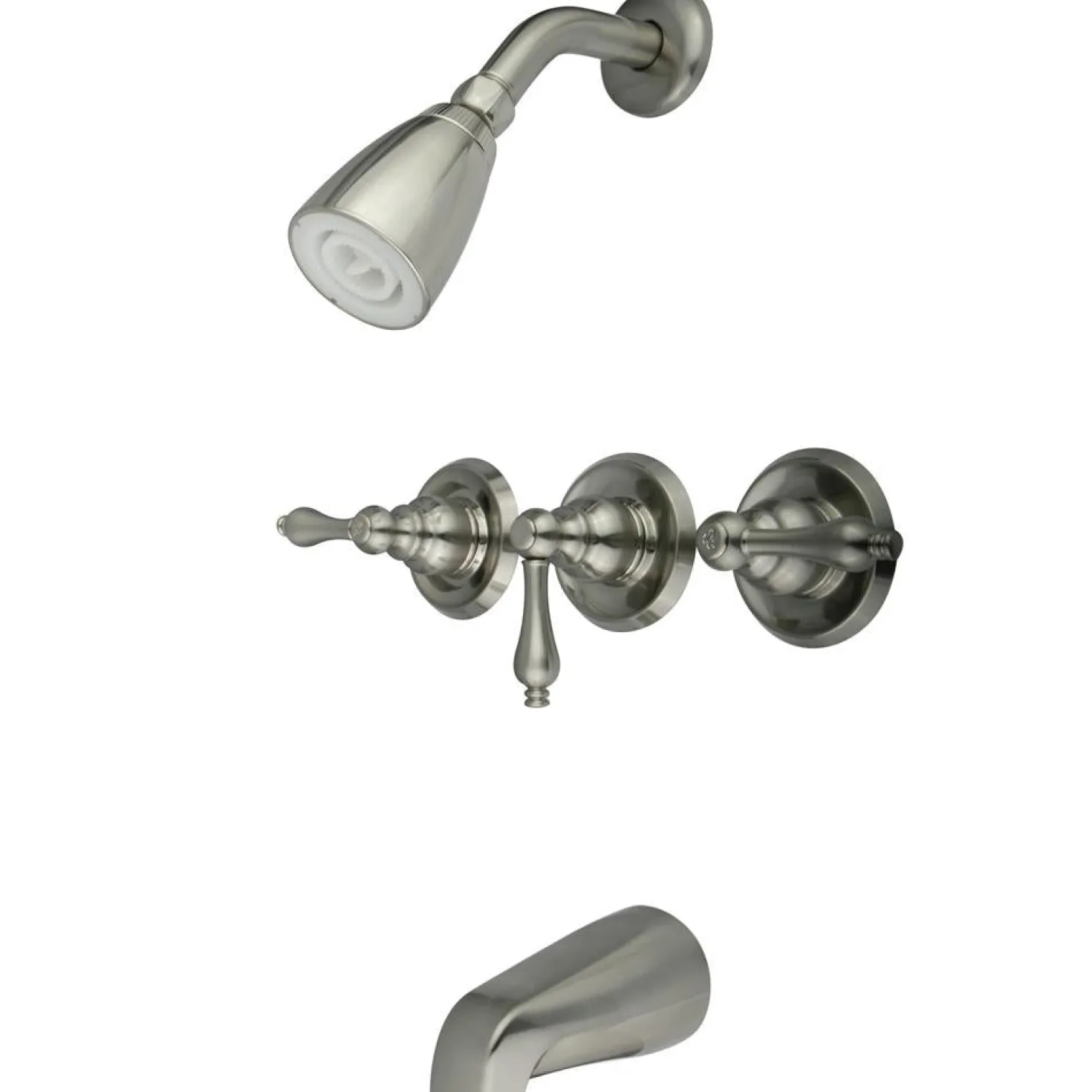 Kingston Brass Magellan Three Handle Tub and Shower Faucet in Satin Nickel