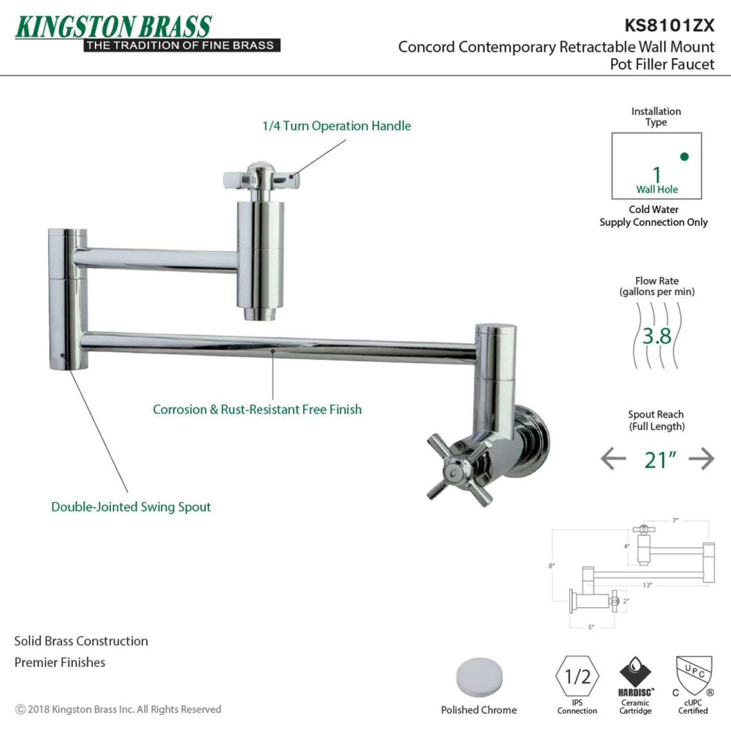 Kingston Brass Millennium Wall Mount Pot Filler Kitchen Faucet